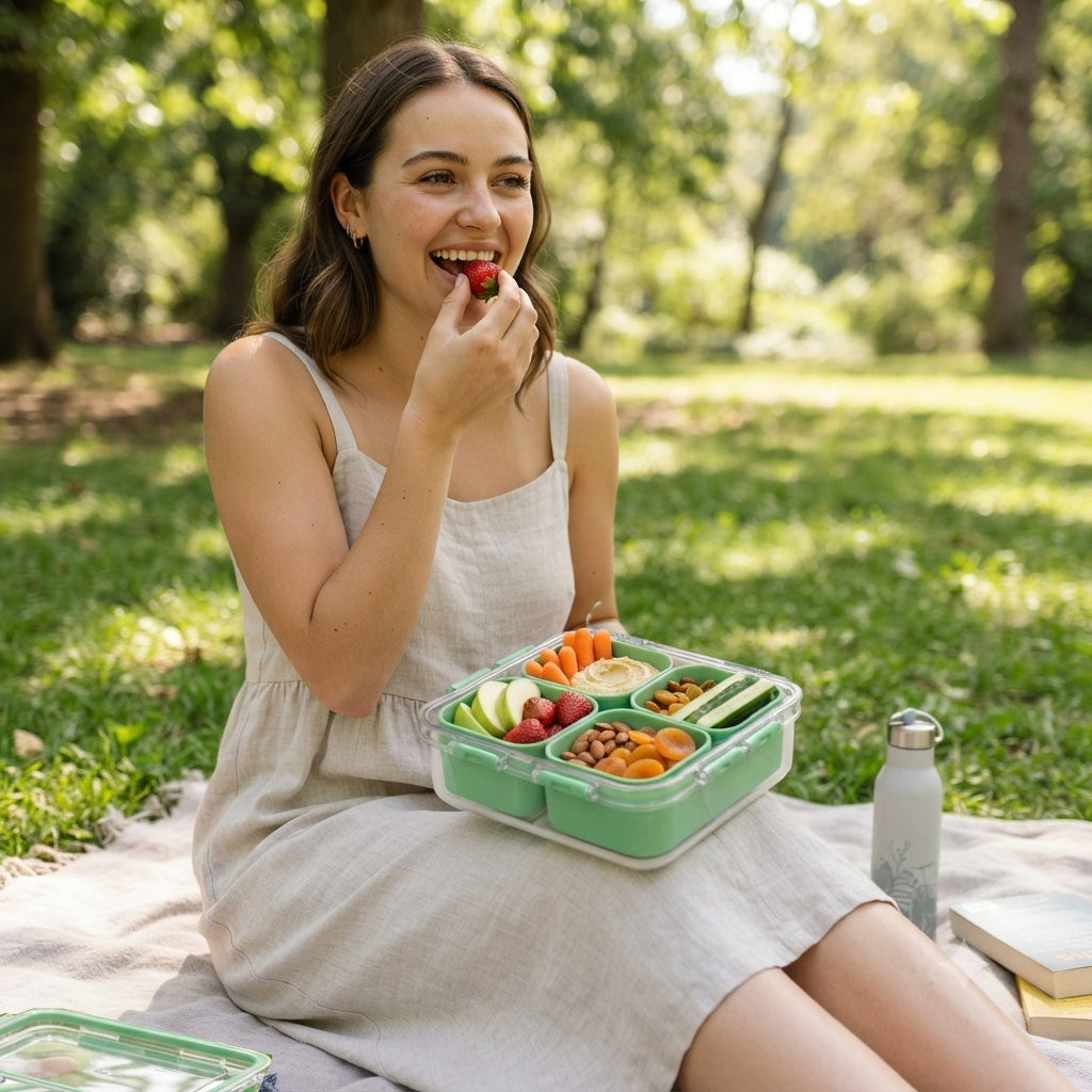 JS Gourmet 4-Compartment Snackle Box with Handle — Green