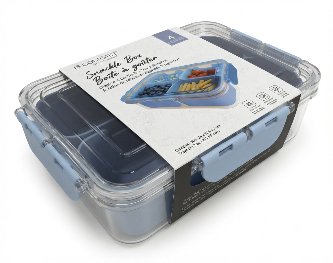 JS Gourmet 4-Compartment Snackle Box with Handle — Blue packaging