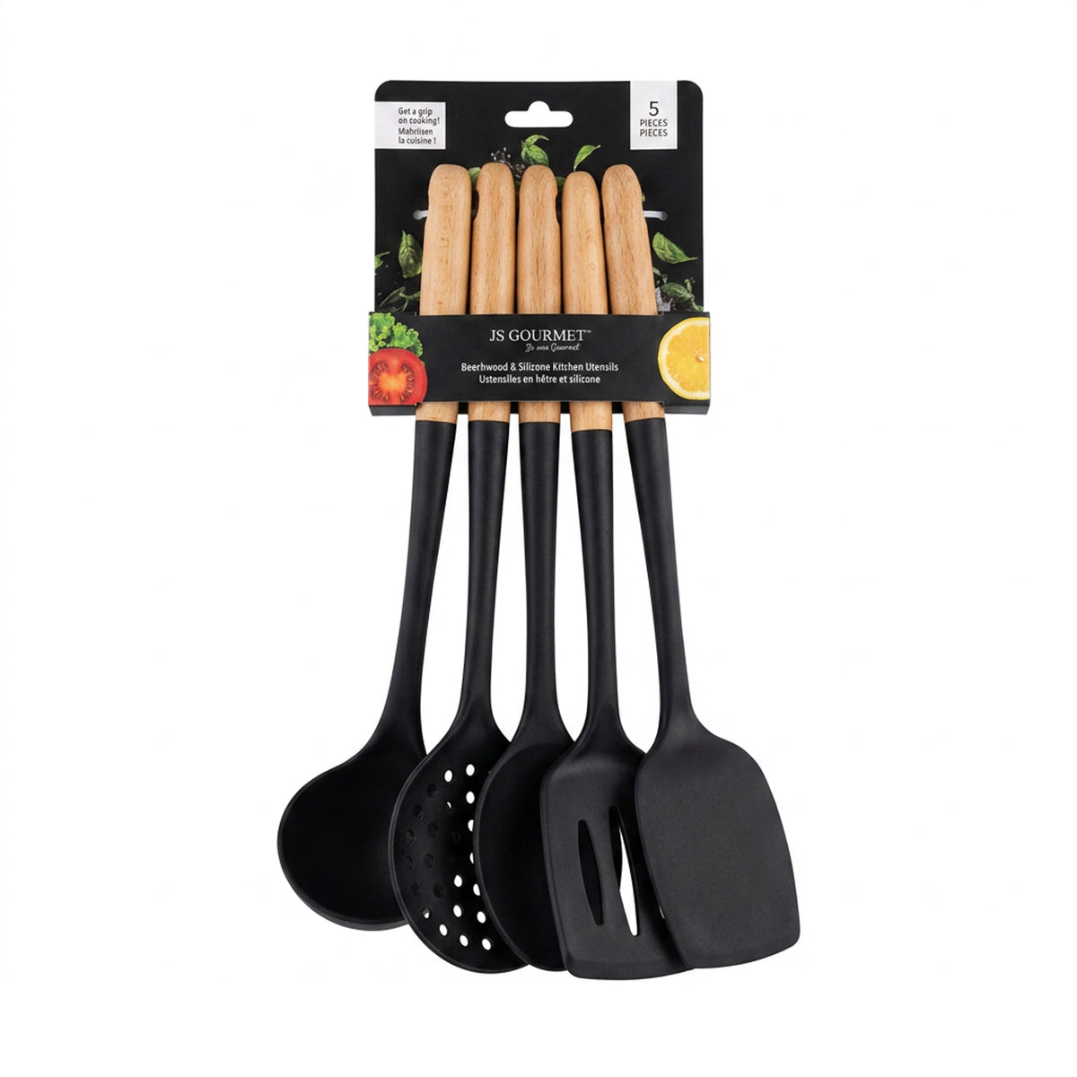 JS Gourmet 5-Piece Beechwood & Silicone Kitchen Utensil Set — Black packaging