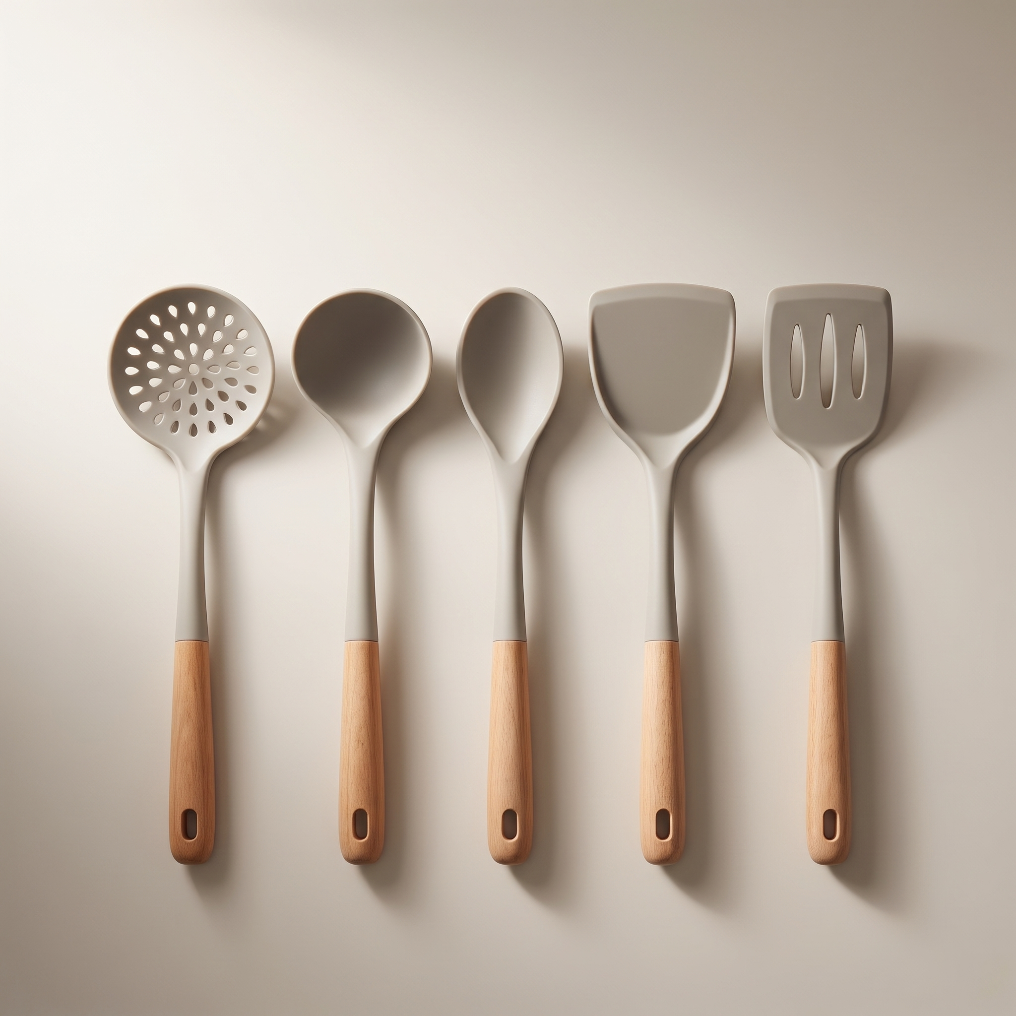 Ensemble d'ustensiles de cuisine 5 pièces en hêtre et silicone – Gris chaud (manches nervurés)