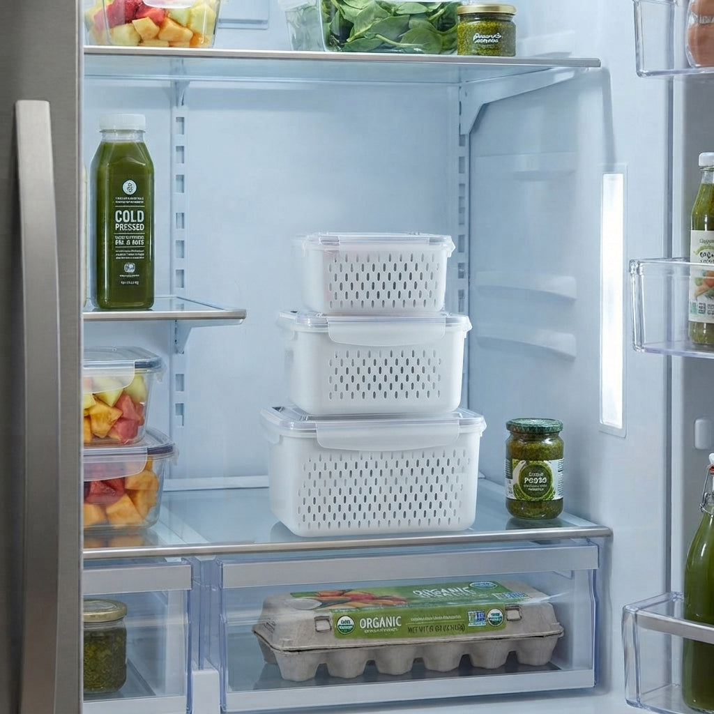 3-Pack Fridge Organizer Containers with Strainers — 850 / 1750 / 3300 ml