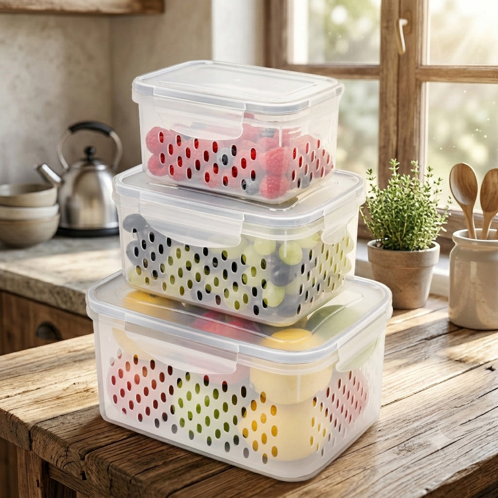 3-Pack Fridge Organizer Containers with Strainers — 850 / 1750 / 3300 ml