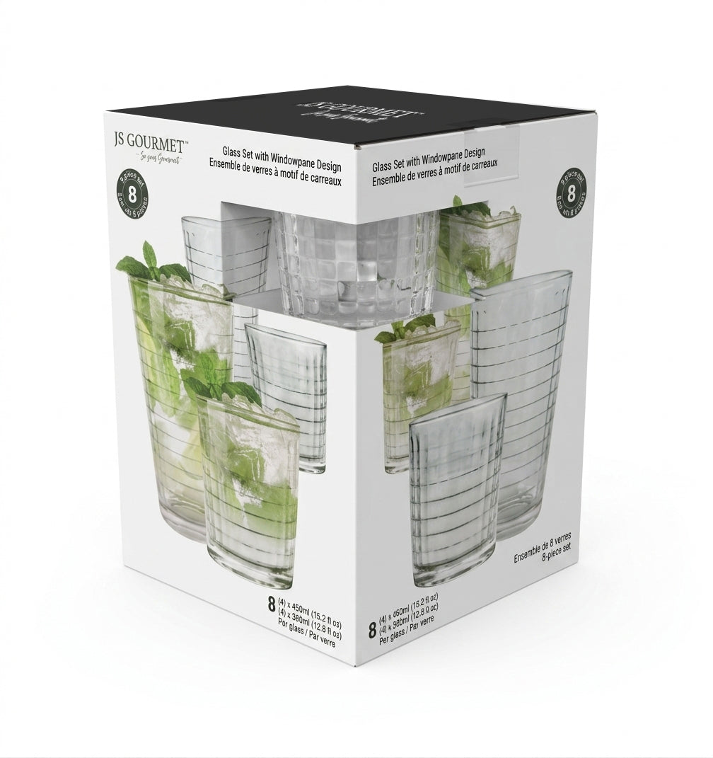 Highball 450ml / Tumbler glasses 380ml - 8pk Windowpane design packaging
