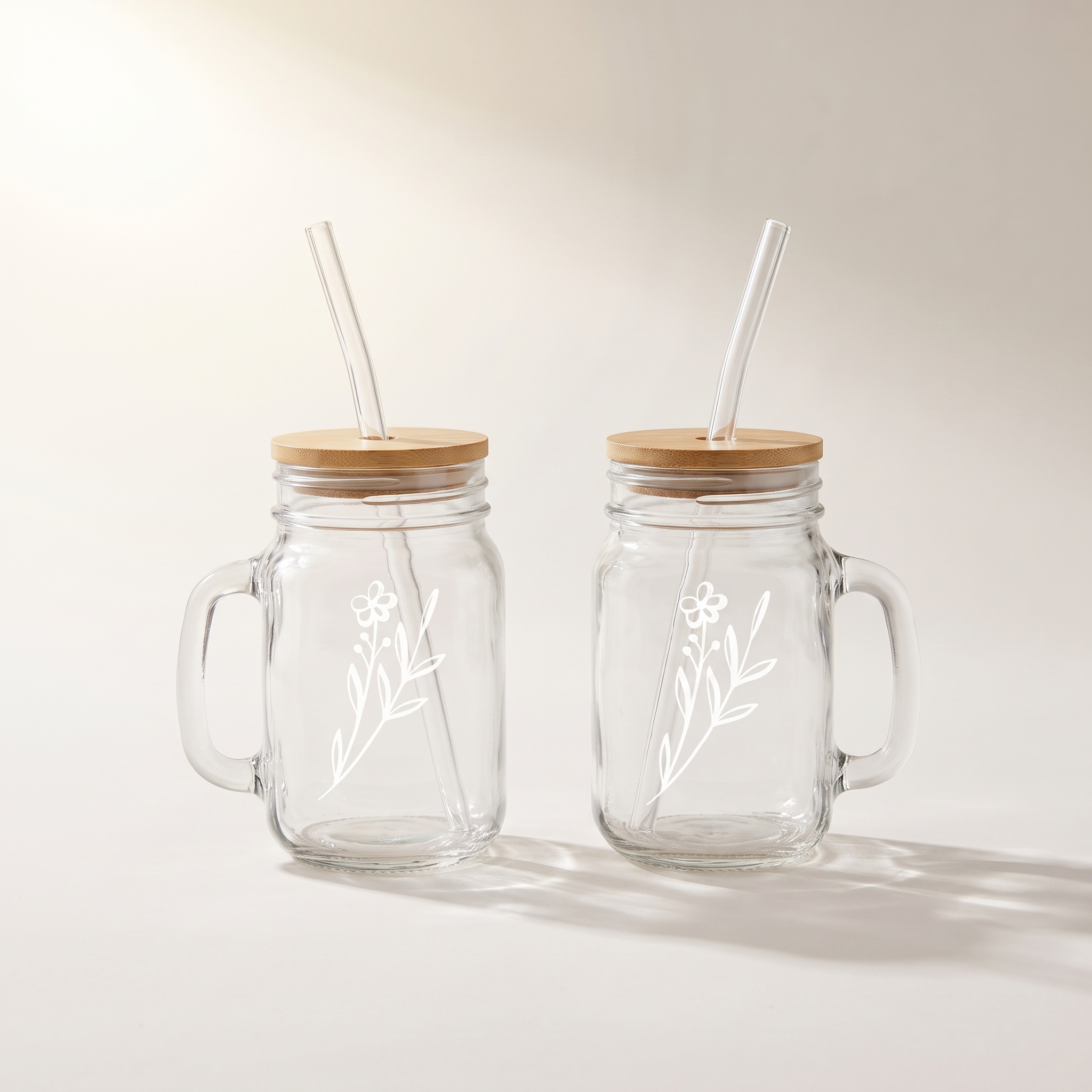 Glass Mason Jar Mugs with Bamboo Lid & Glass Straw — Set of 2, 450 ml