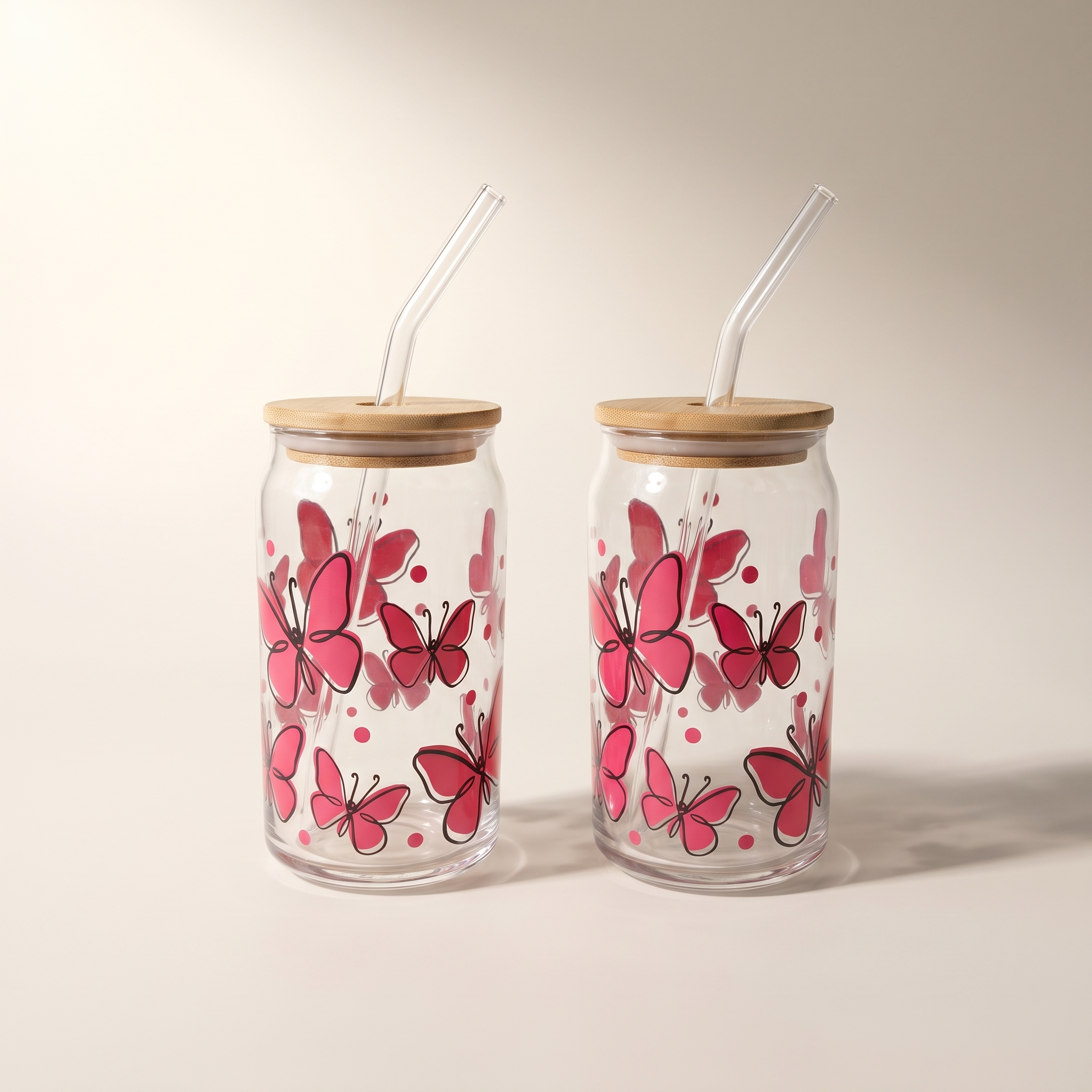 Glass Tumbler Sippers with Bamboo Lid & Glass Straw (set of 2)  — Butterflies