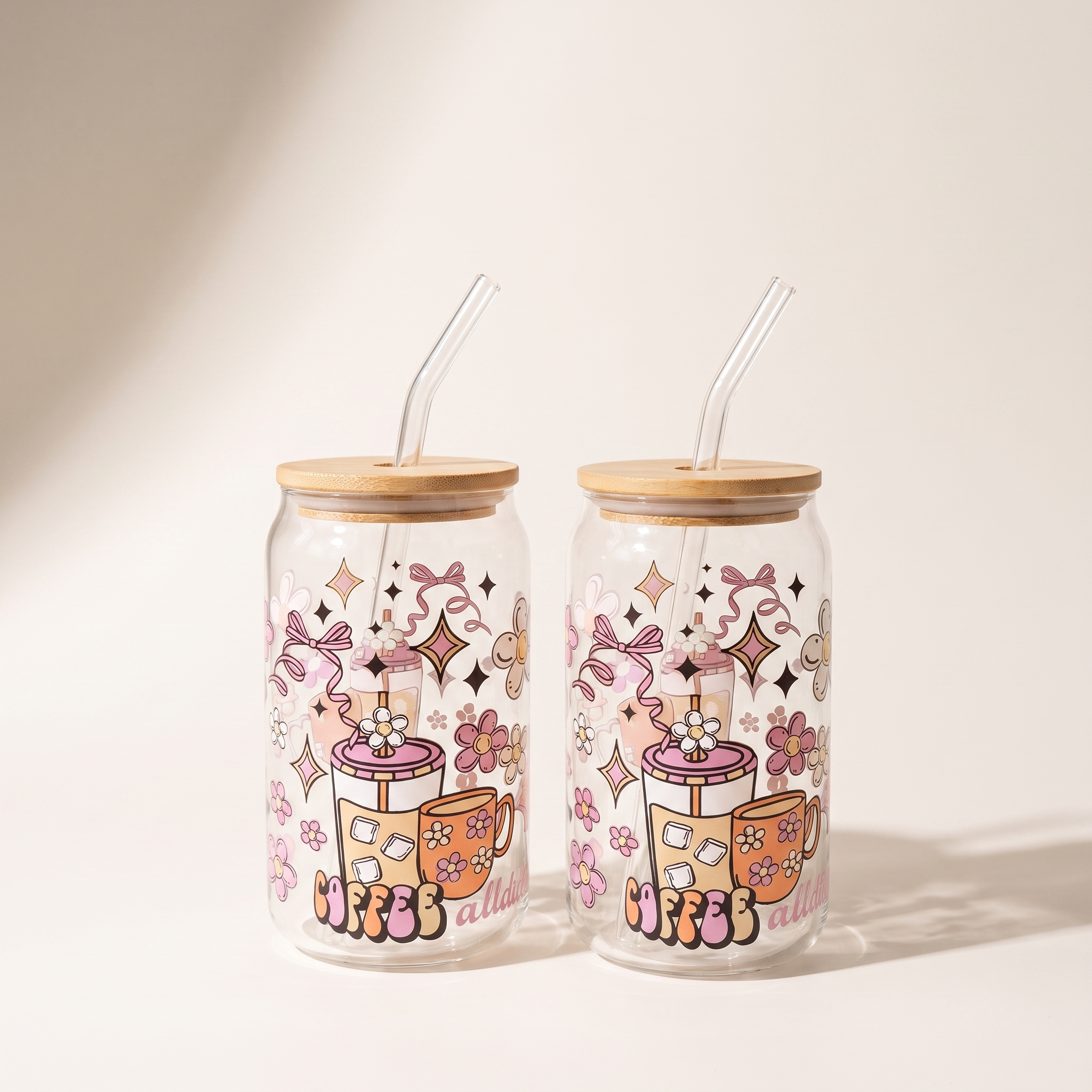 Glass tumbler sippers with bamboo lid and glass straw (set of 2), Coffee decal