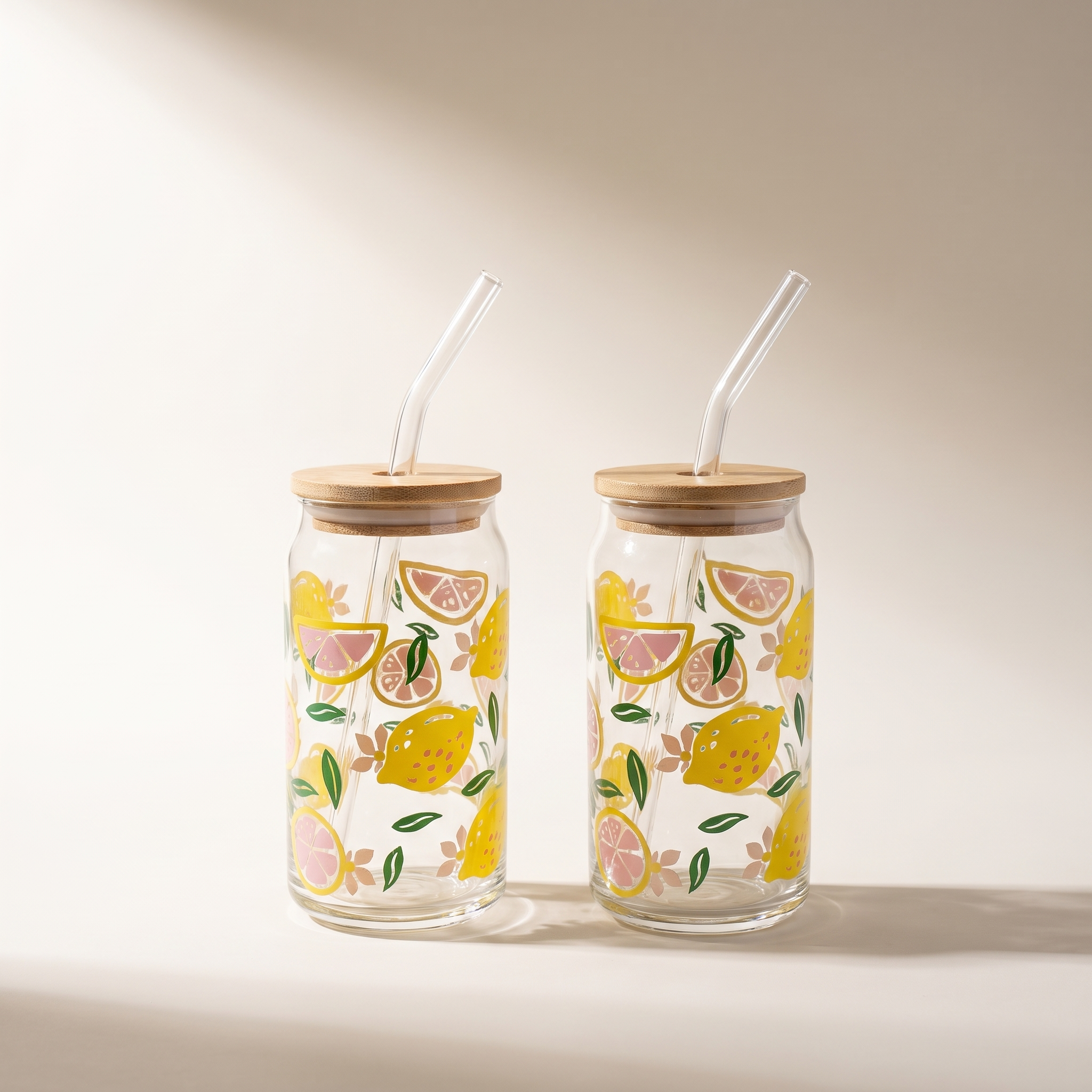 Glass tumbler sippers with bamboo lid and glass straw (set of 2), Lemon decal