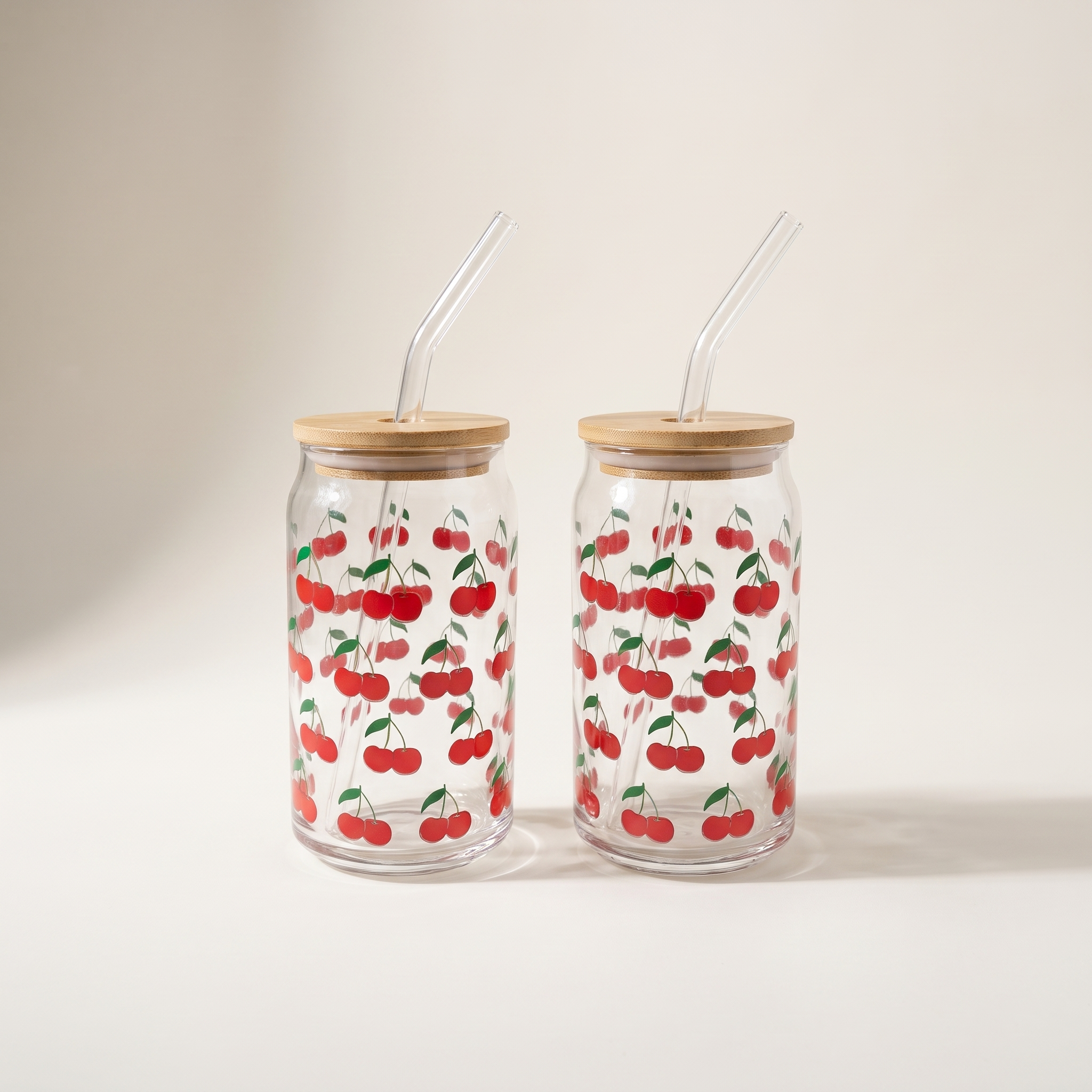 Glass tumbler sippers with bamboo lid and glass straw (set of 2), Cherry decal