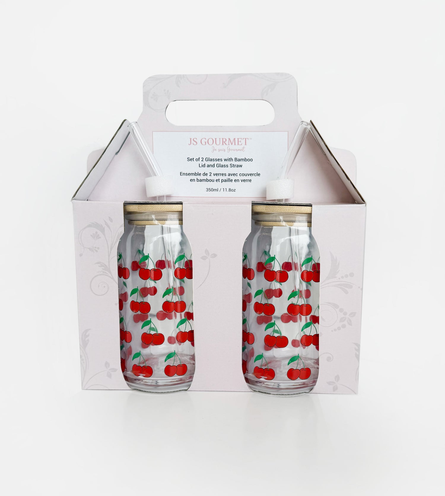 2 Glass cup cherry decal with borosilicate straw, 350ml