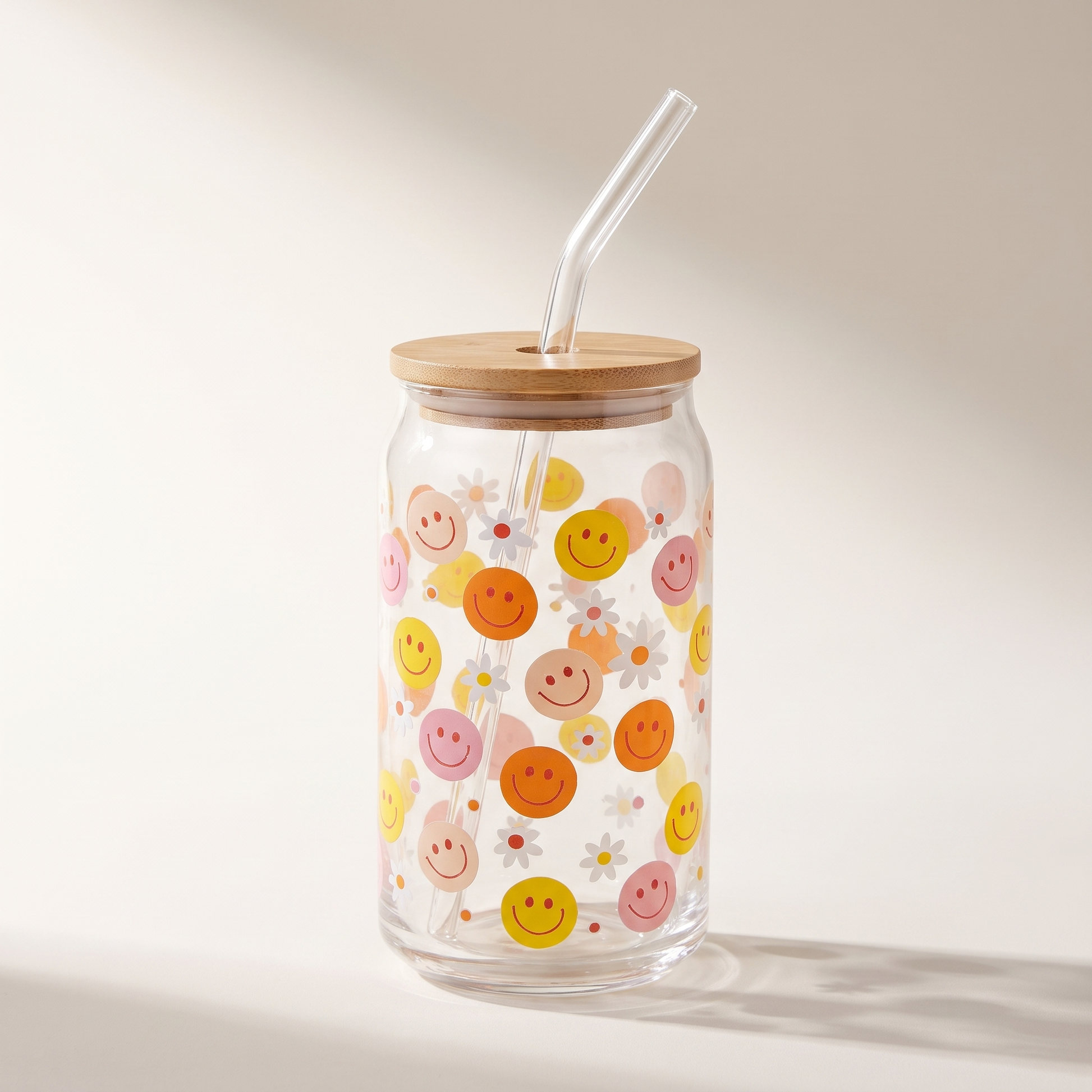 Glass Tumbler Sippers with Bamboo Lid & Glass Straw (set of 2) — Smiley & Daisy Decal