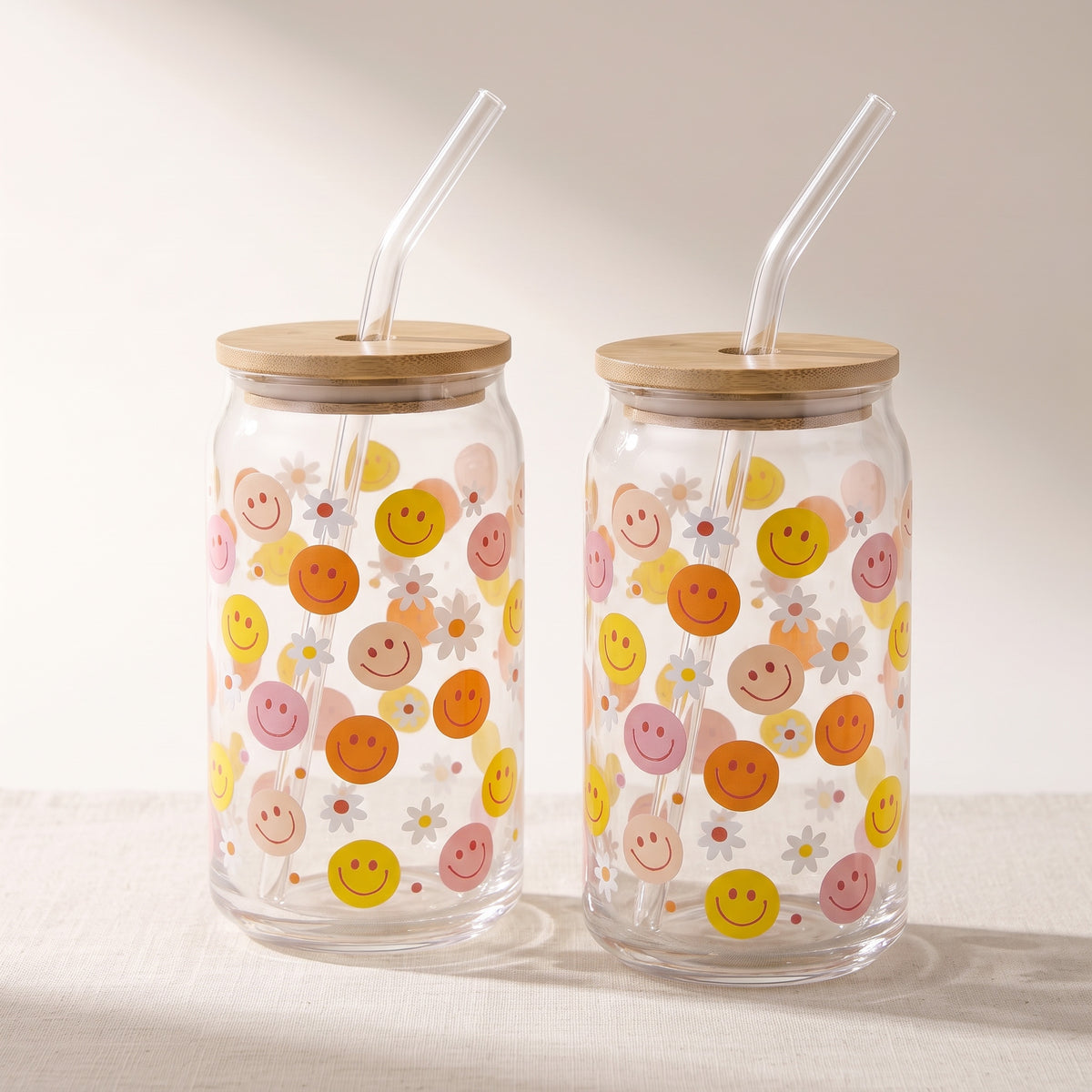 Glass Tumbler Sippers with Bamboo Lid & Glass Straw (set of 2) — Smiley & Daisy Decal