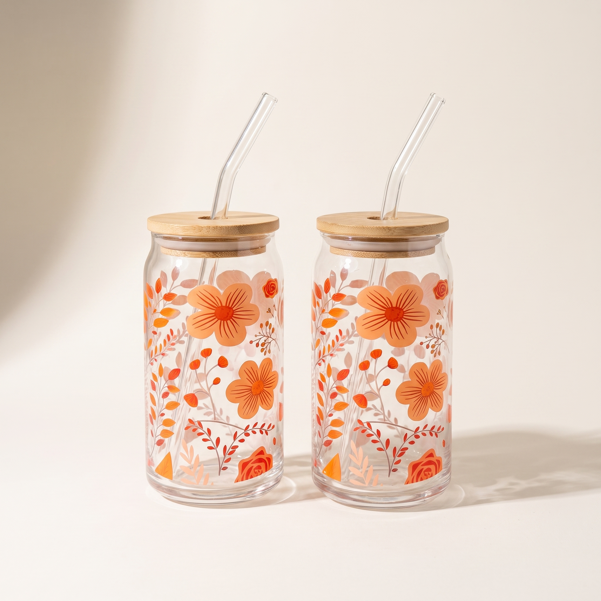 Glass Tumbler Sippers with Bamboo Lid & Glass Straw, 350ml (Set of 2) - Flower Decal