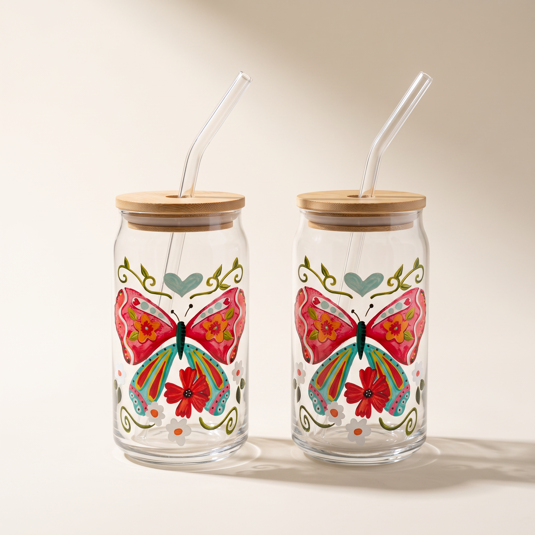 Glass Tumbler Sippers with Bamboo Lid & Glass Straw, 350ml (Set of 2) - Butterfly Fiesta