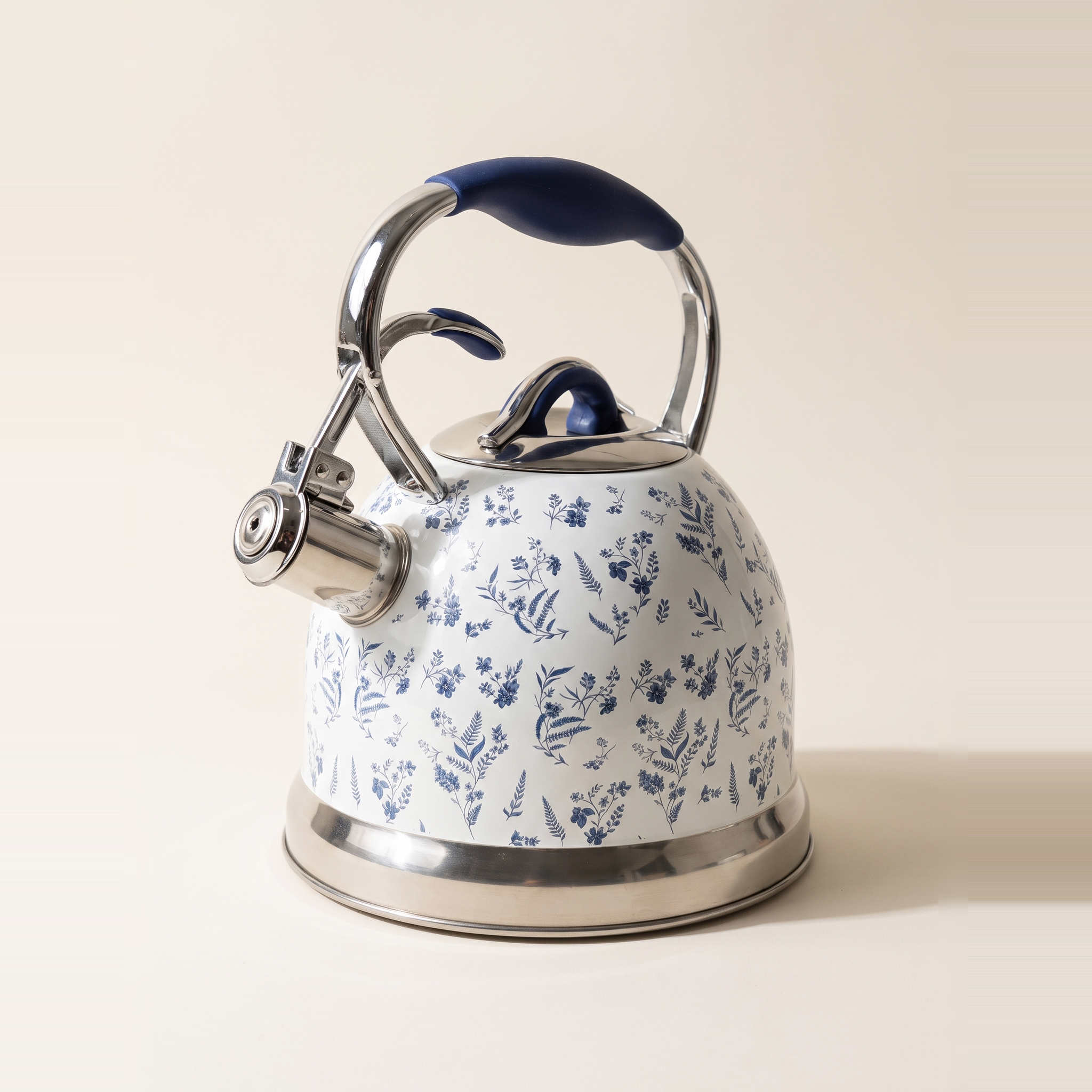 Bouilloire sifflante 3L en acier inoxydable blanc, motif floral vintage