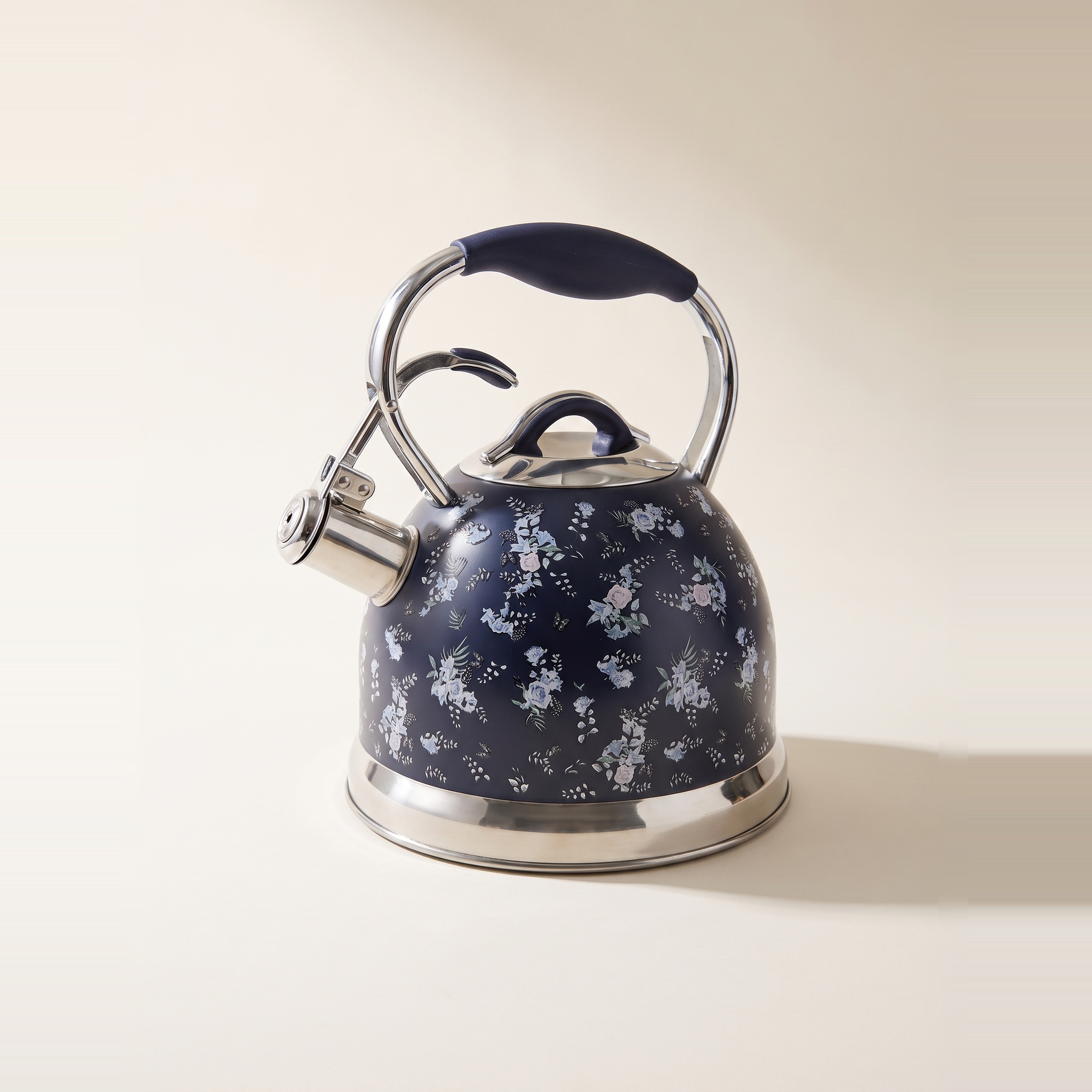 Bouilloire sifflante 3L en acier inoxydable bleu, motif floral vintage