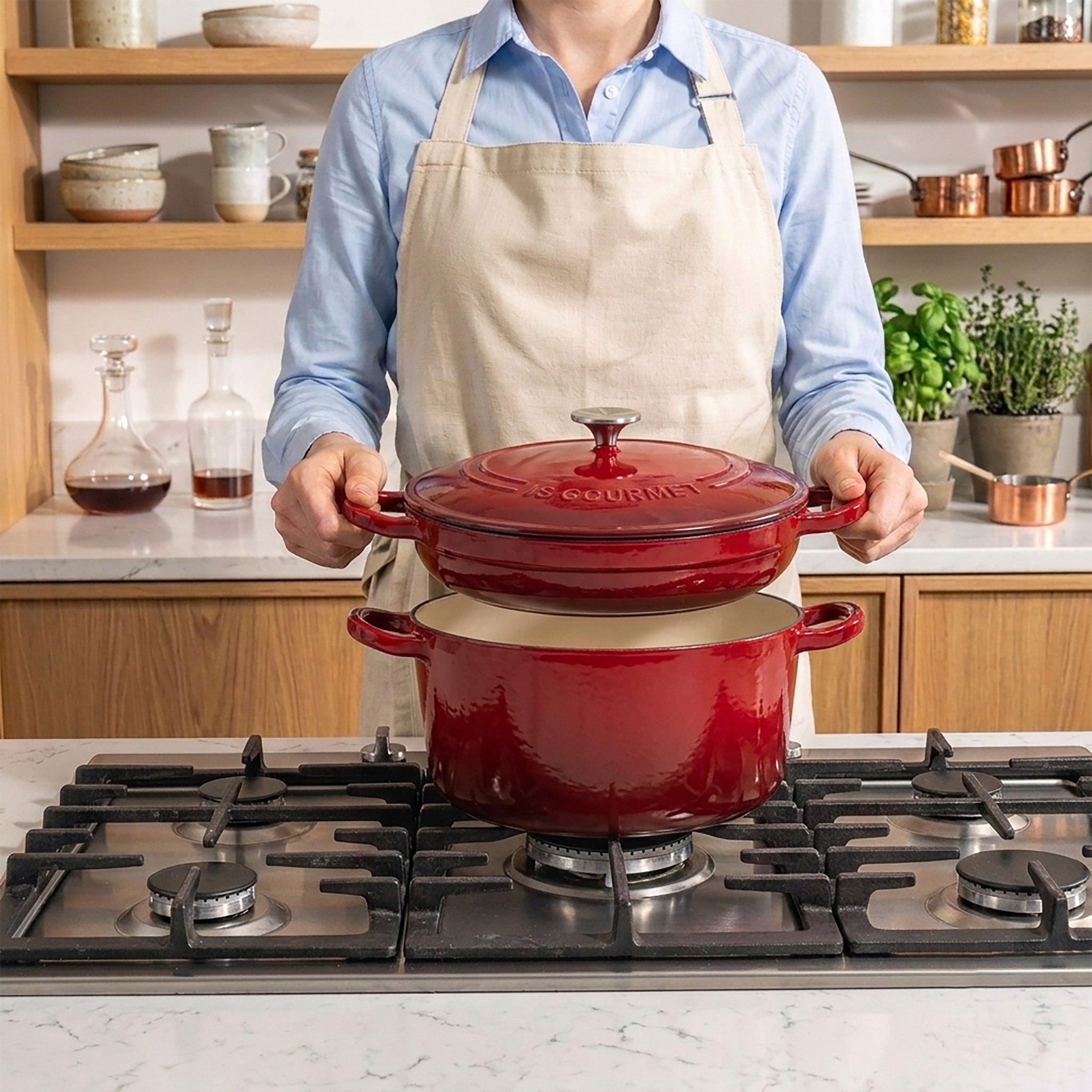 Stackable 3-Piece Cast Iron Dutch Oven Set — Cherry Red, 5.2 L (5.5 qt)