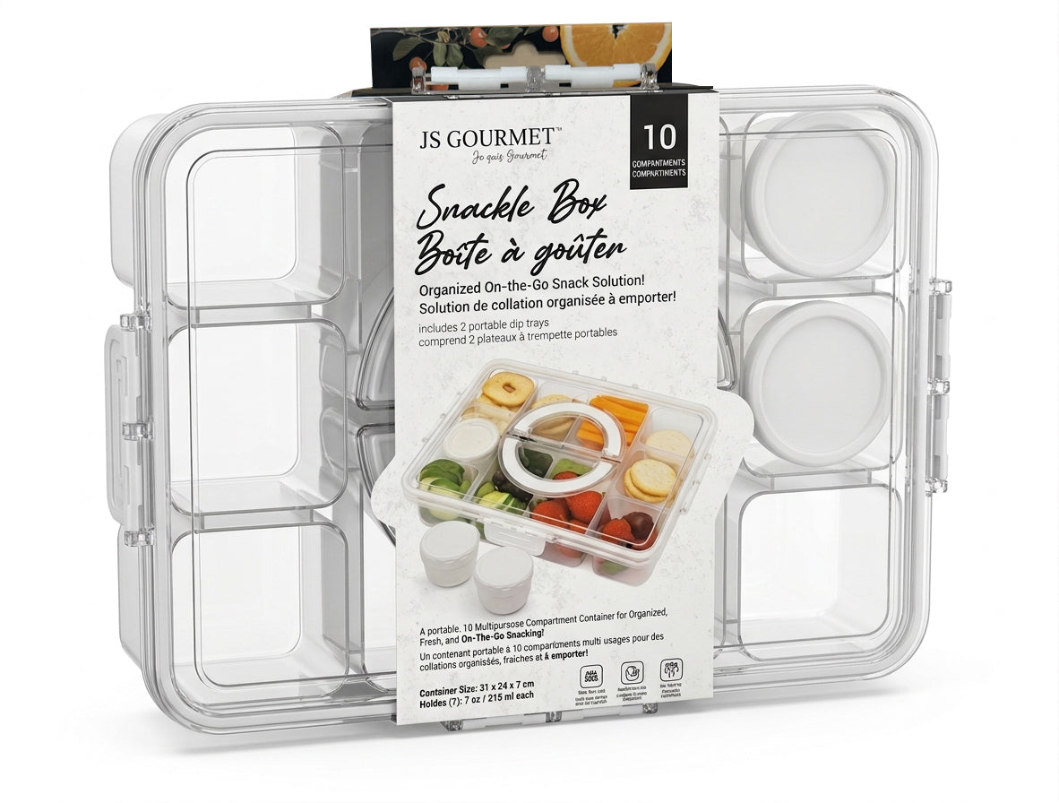 Snackle Box Container, 10 Compartments with 2 condiment containers packaging