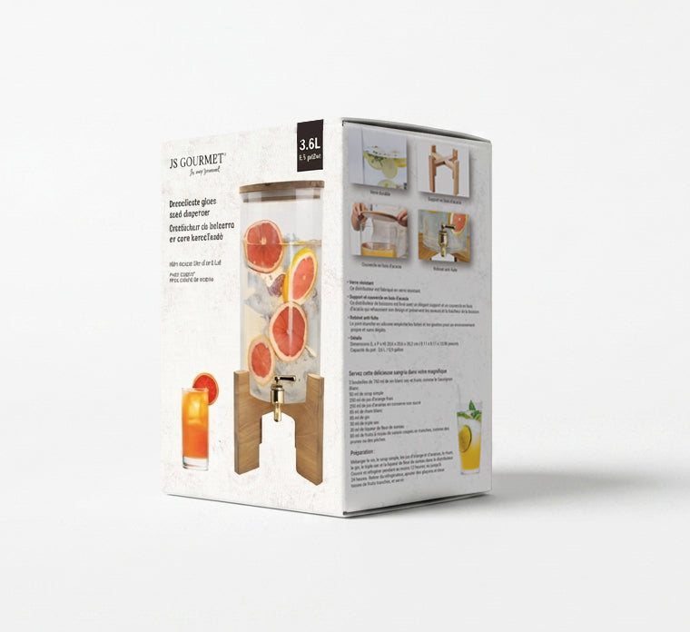 Borosilicate Glass Drink Dispenser with Acacia Wood Lid & Stand, 3.6L packaging