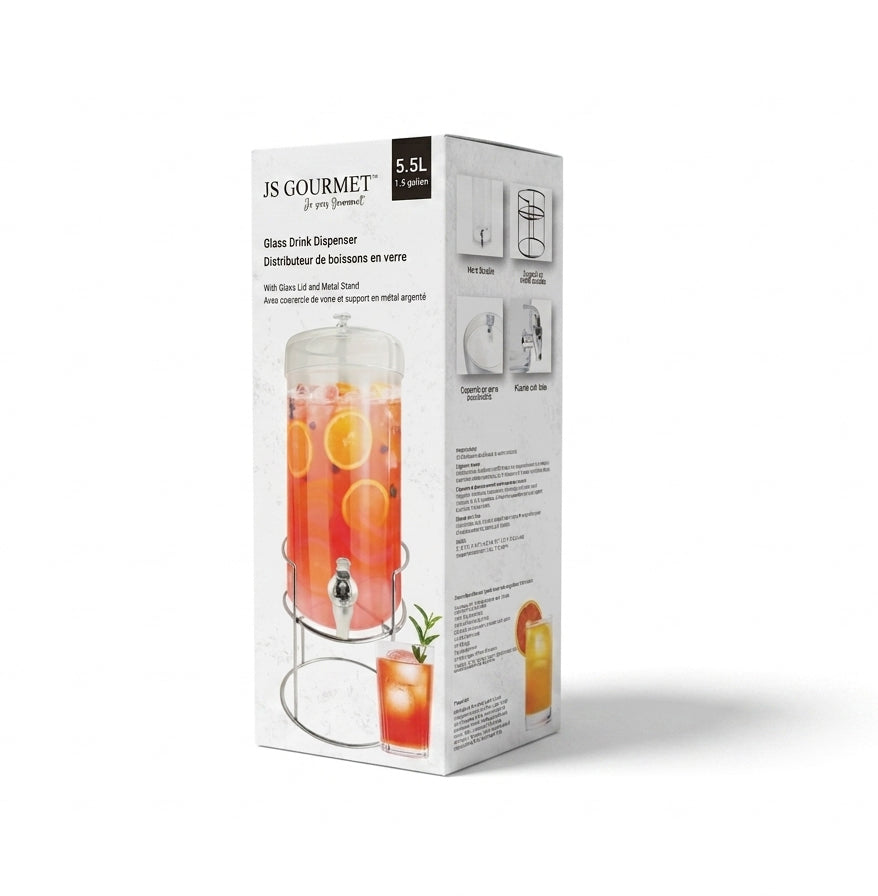 Borosilicate Glass Drink Dispenser with Glass Lid & Metal Stand, 5.5L packaging