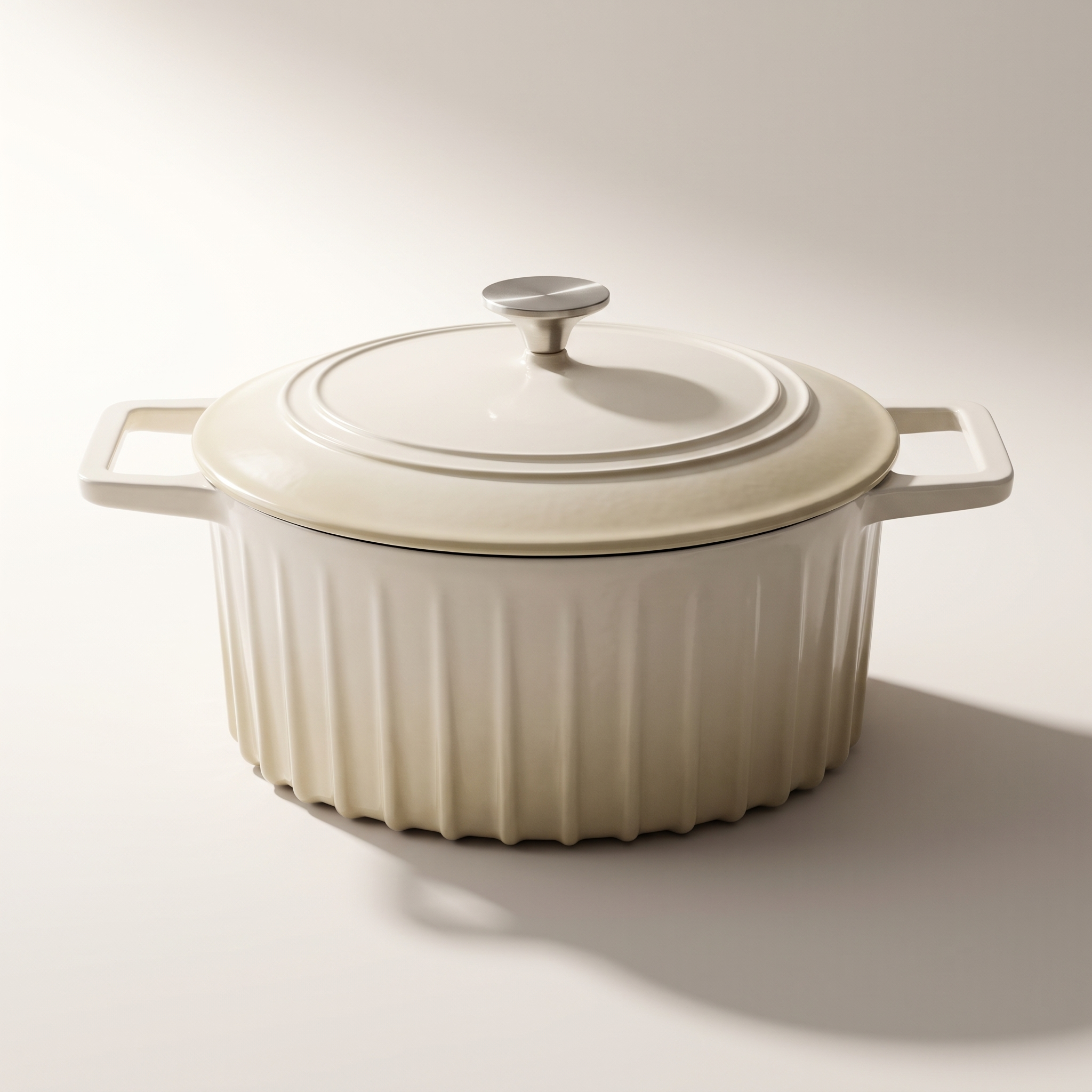Fluted Design Enameled Cast Iron Dutch Oven, Cream Meringue (5.2L)