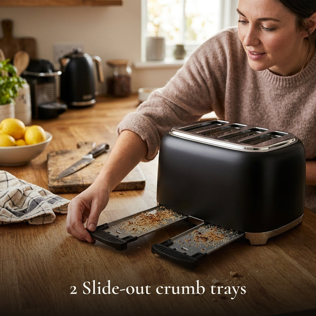 2 Slide-out crumb trays — 4-Slice Stainless Steel Toaster with 6 Temperature Settings, Matte Black (1500W)