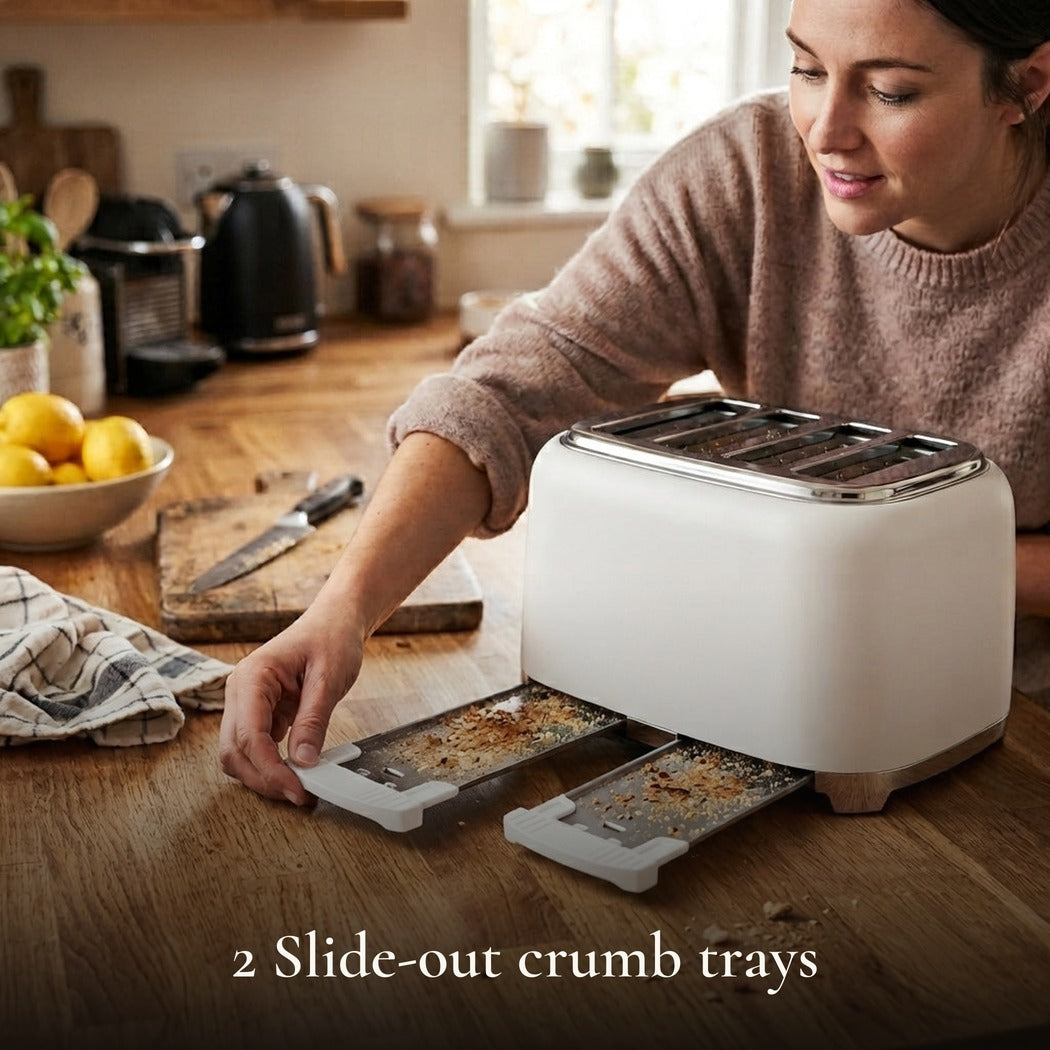 2 Slide-out crumb trays — 4-Slice Stainless Steel Toaster with 6 Temperature Settings, Matte White (1500W)