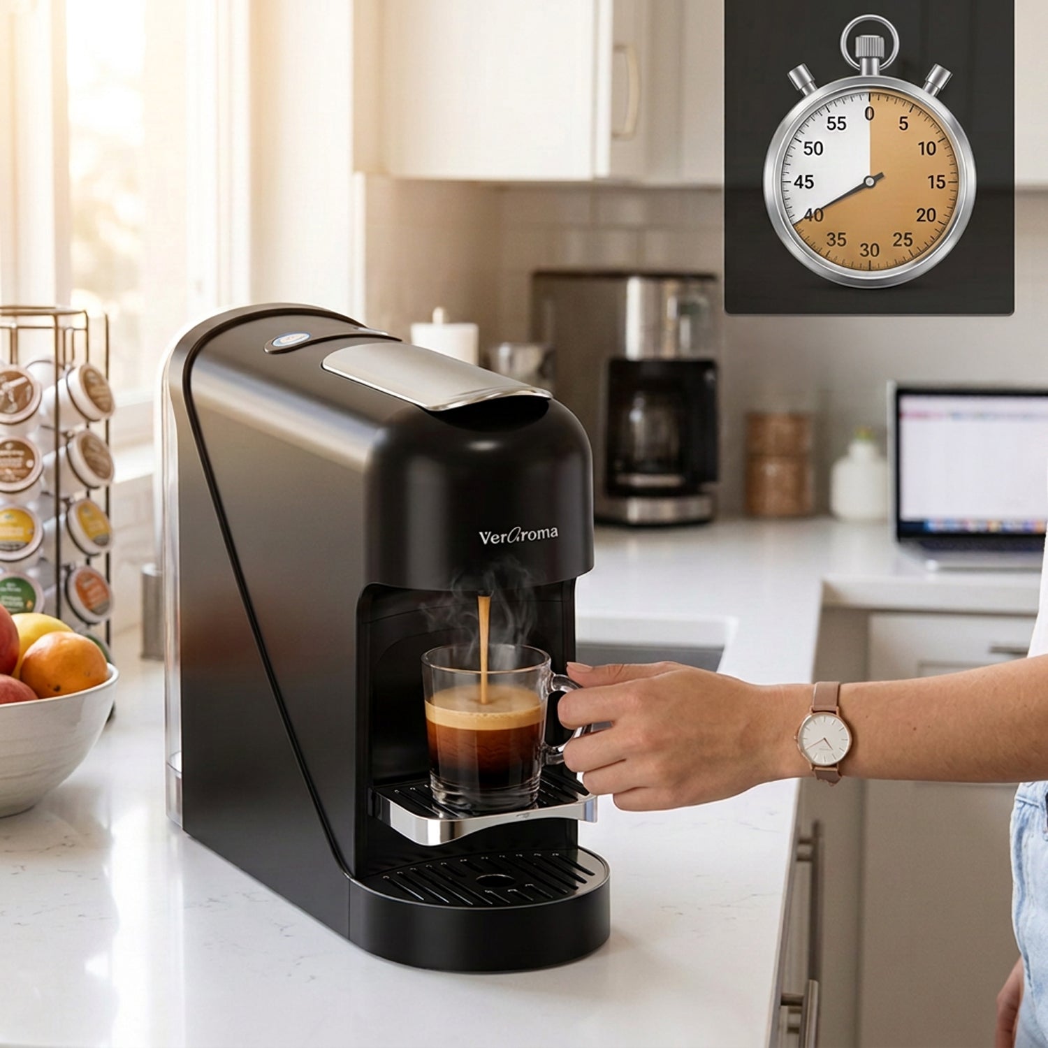 Thermo Block Fast Heating System — coffee ready in as little as 40 seconds — Single-Serve Capsule Espresso Machine, 900ml Tank (19-bar)