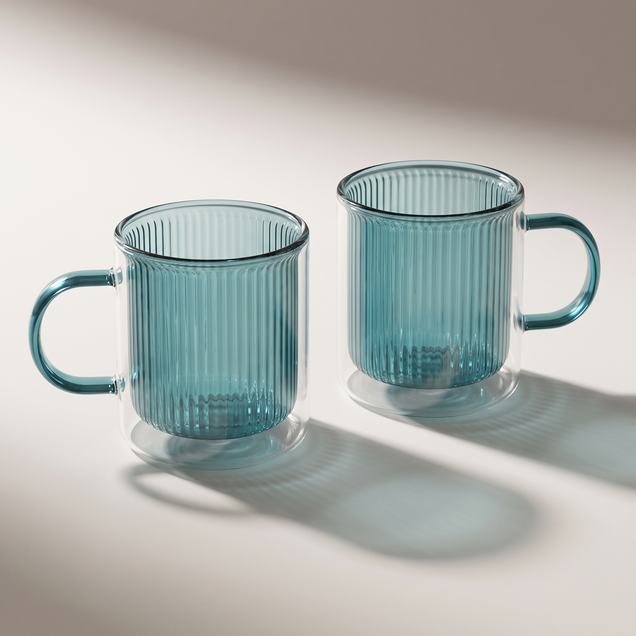 Double-Wall Vertical-Grain Glass Mugs with Handle, Set of 2 (Blue)