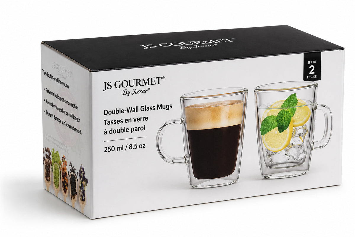 Flared Double-Wall Glass Mugs, Set of 2 (250ml) packaging