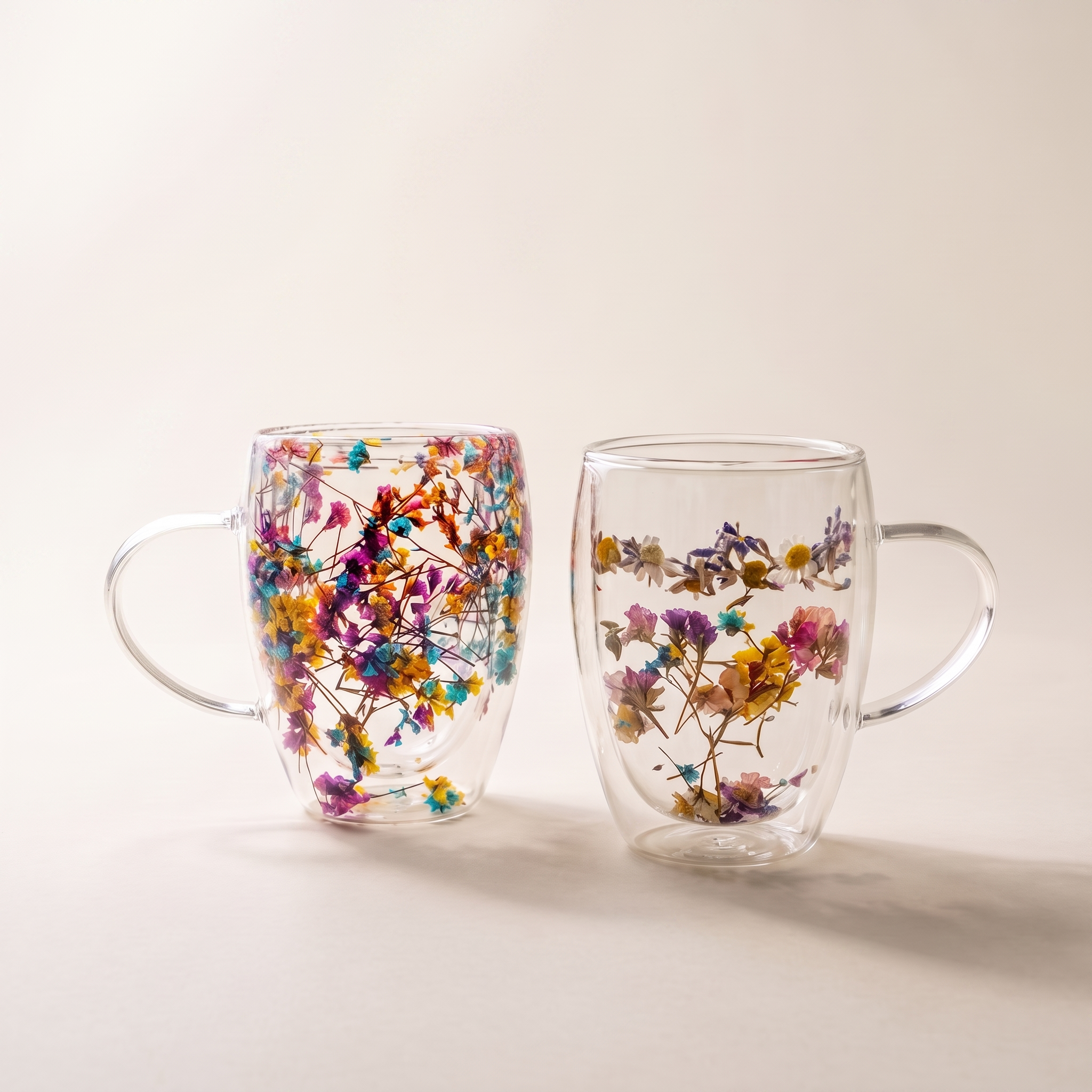 Mug isotherme en verre à double paroi avec fleurs séchées flottantes, lot de 2 (350 ml)