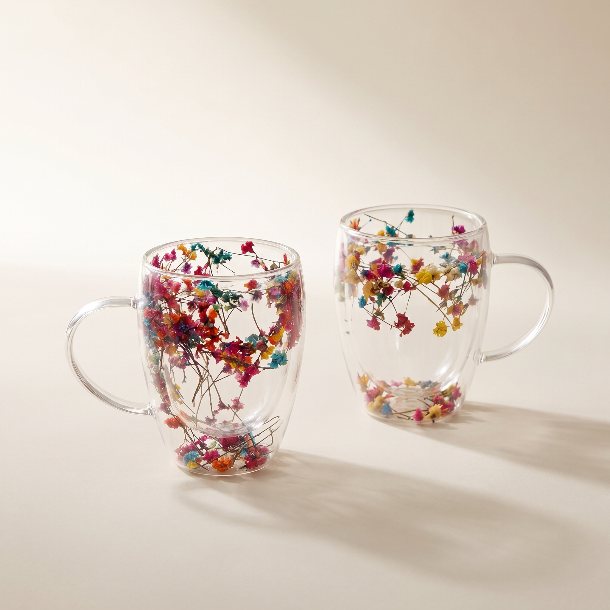 Tasses en verre à double paroi avec fleurs séchées flottantes, lot de 2 (350 ml)