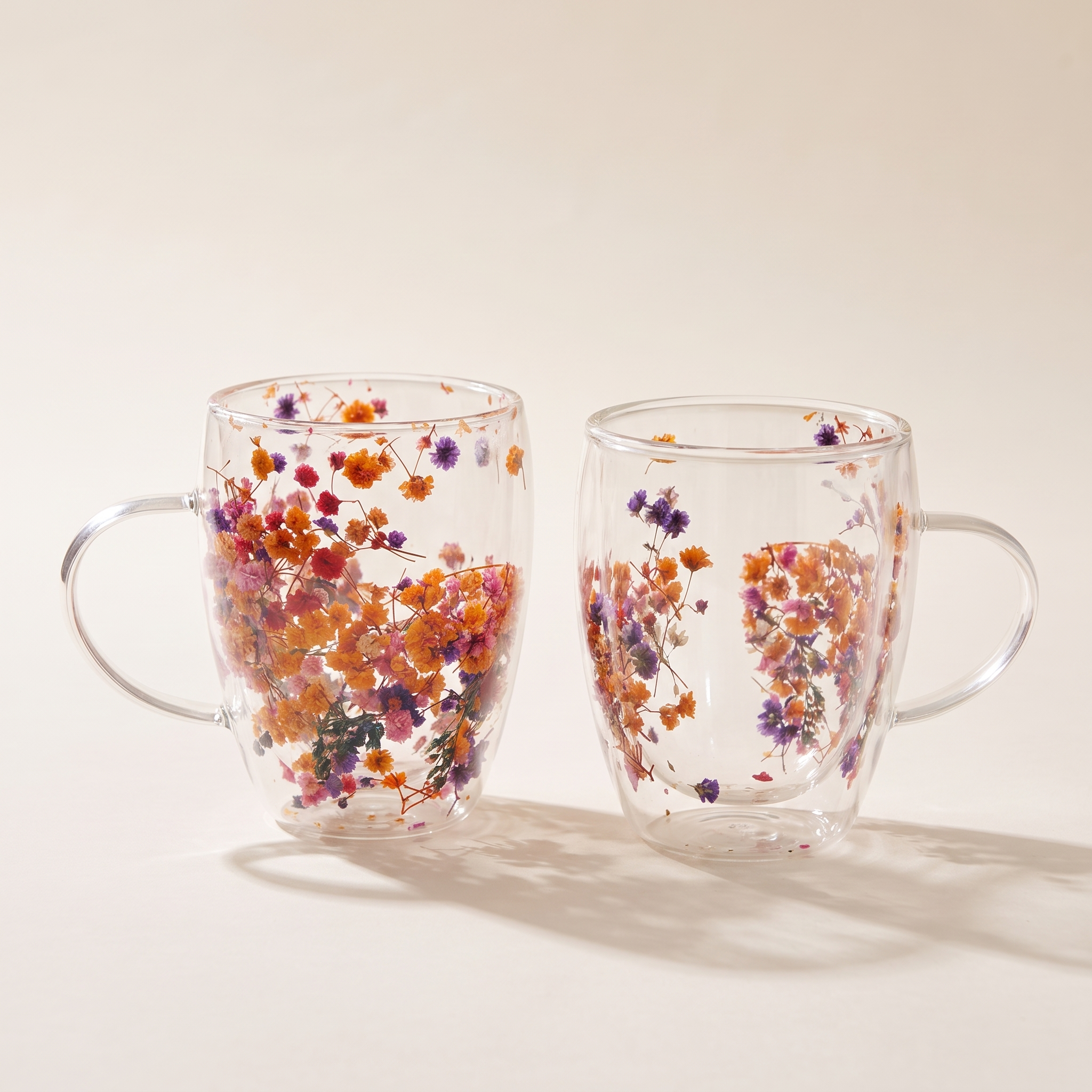 Mug en verre à double paroi avec fleurs séchées flottantes 350 ml (lot de 2)