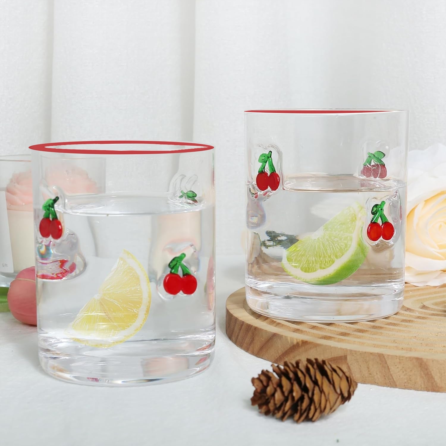 Old Fashioned Glasses, Cherry Decal, Red Rim (Set of 2)