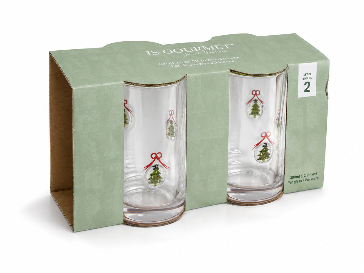 Icon 3D Old-Fashioned Tumbler Glasses, Christmas Tree / Green Rim (Set of 2) packaging