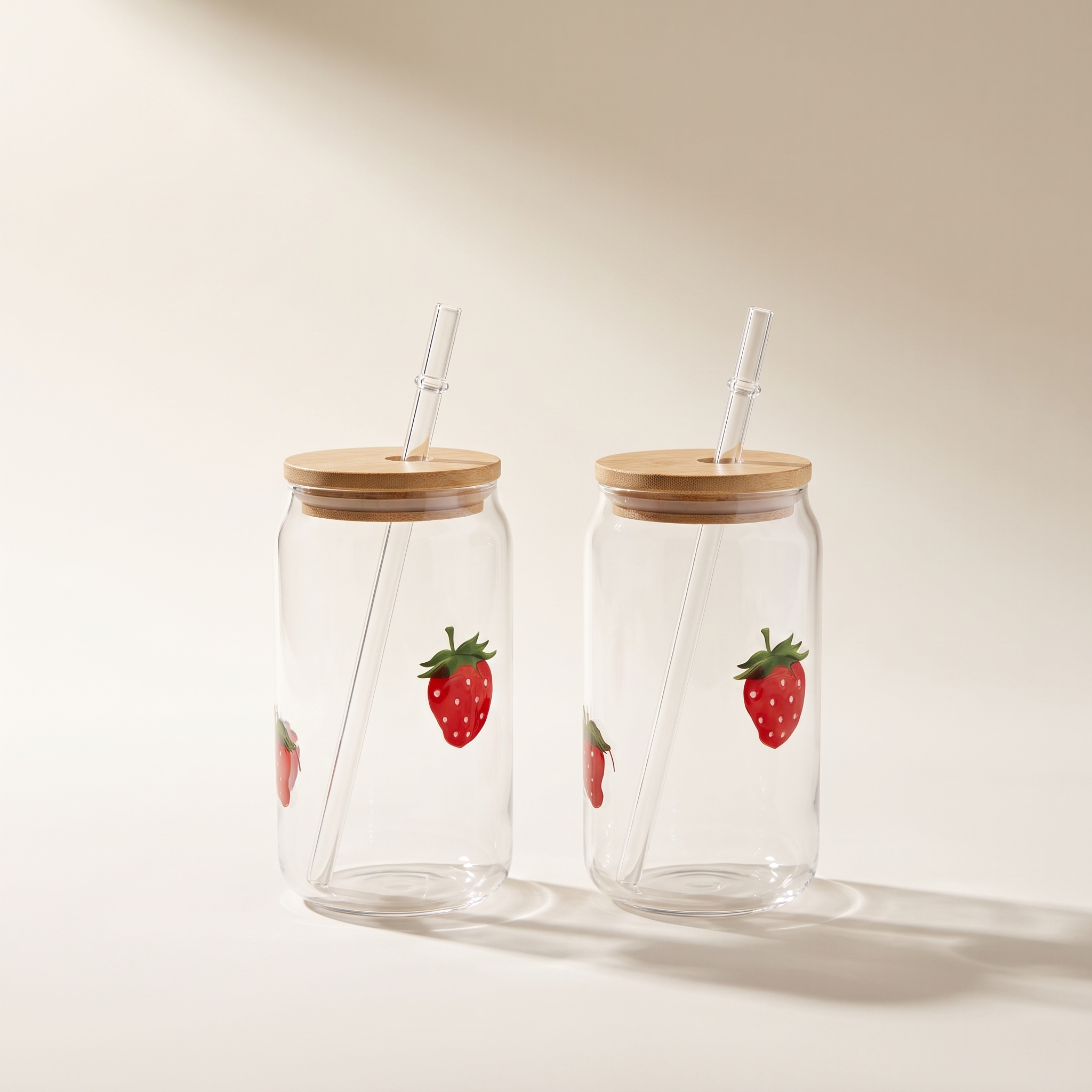 Icon 3D Glass Tumbler Sippers with Bamboo Lid & Glass Straw, Strawberry (Set of 2)