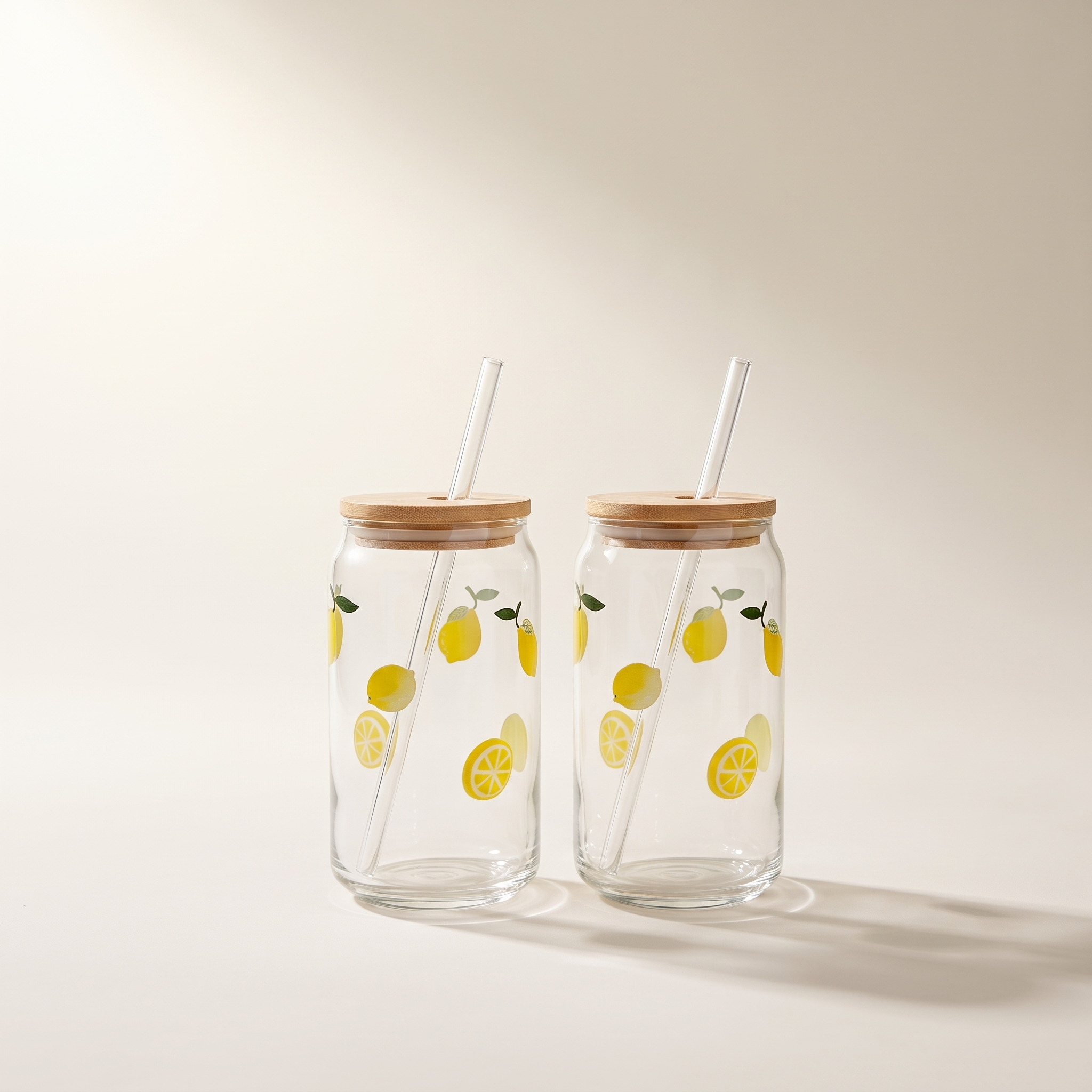 Icon 3D Glass Tumbler Sippers with Bamboo Lid & Glass Straw, Lemon (Set of 2)