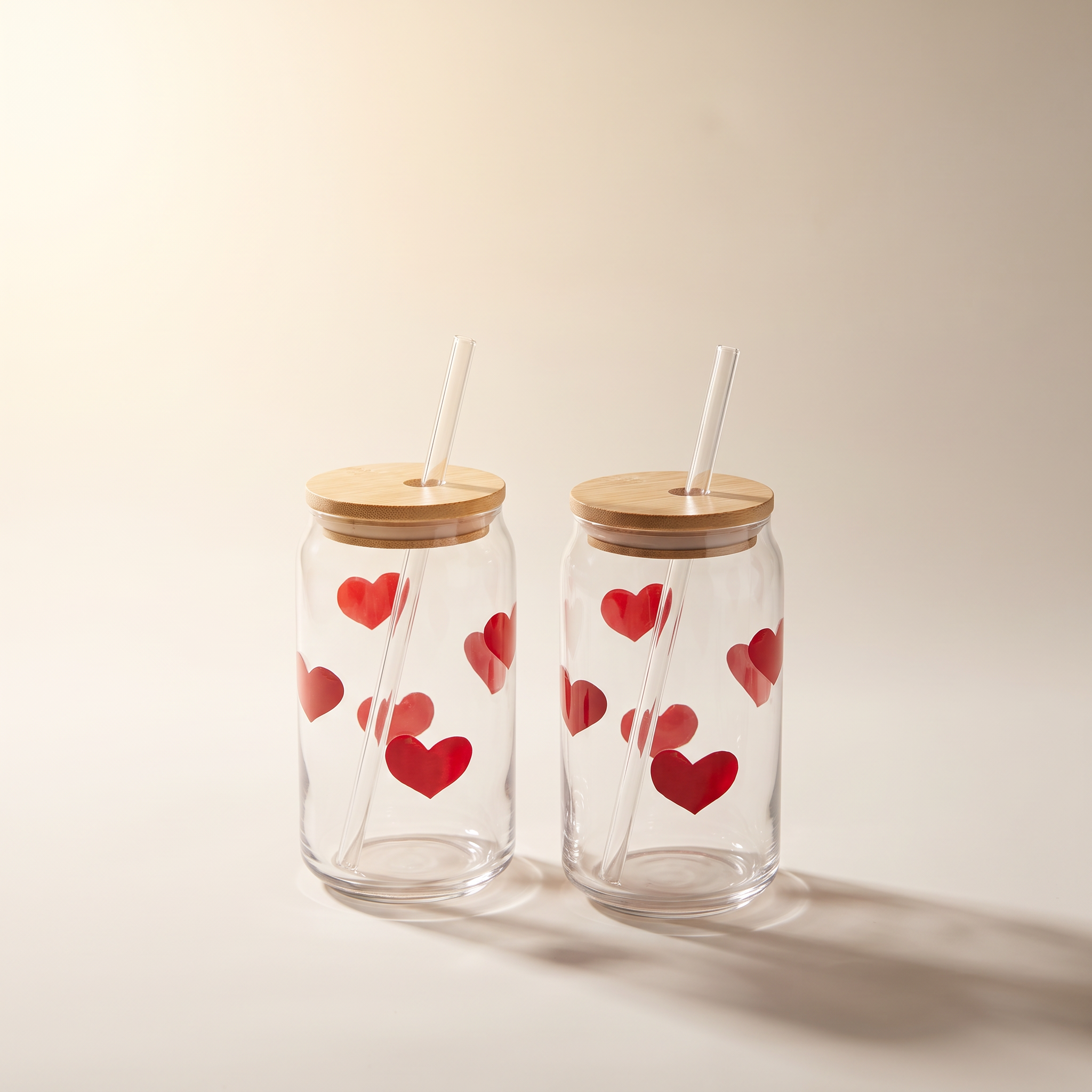 Icon 3D Glass Tumbler Sippers with Bamboo Lid & Glass Straw, Red Heart (Set of 2)