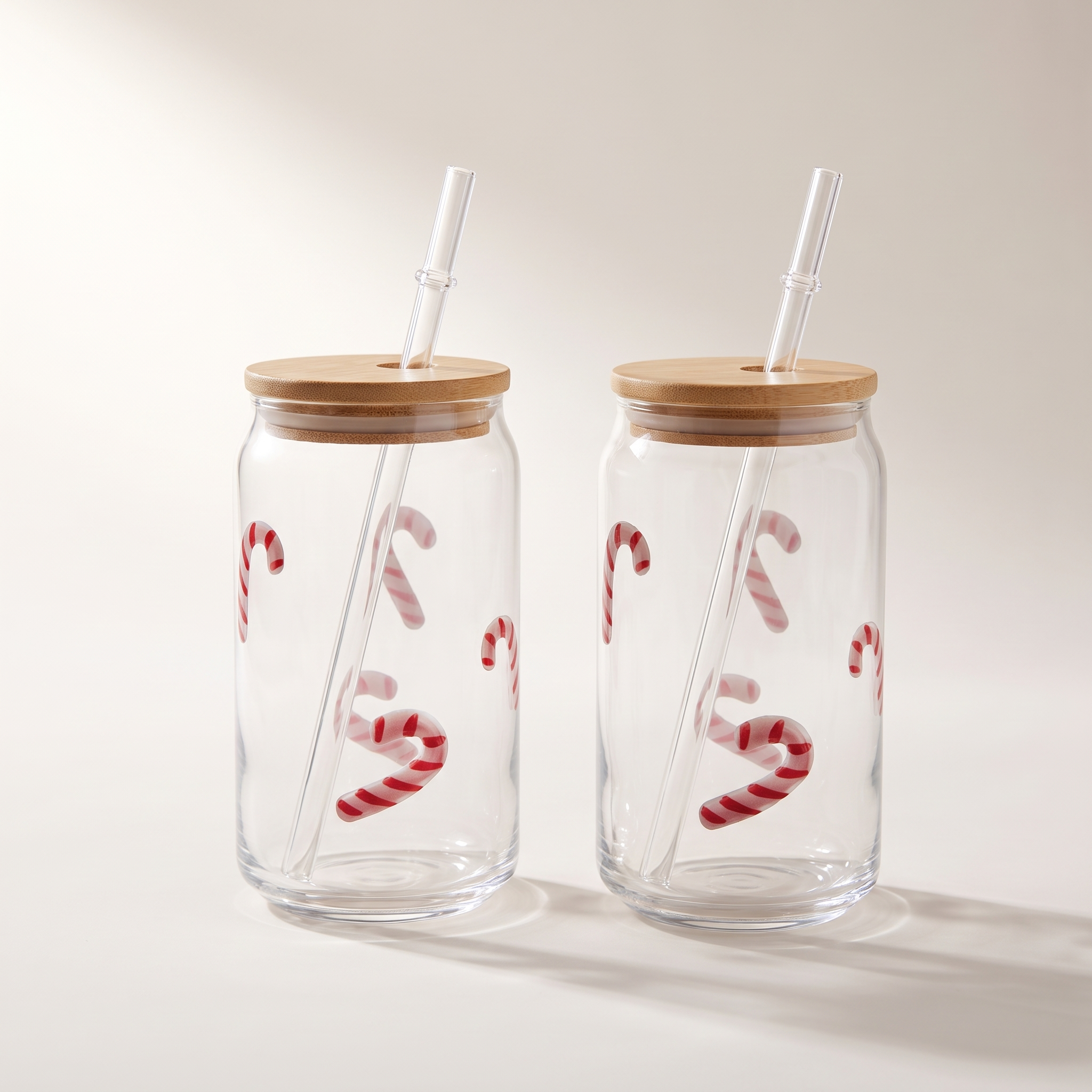 Icon 3D Glass Tumbler with Bamboo Lid & Glass Straw, Candy Cane (Set of 2)