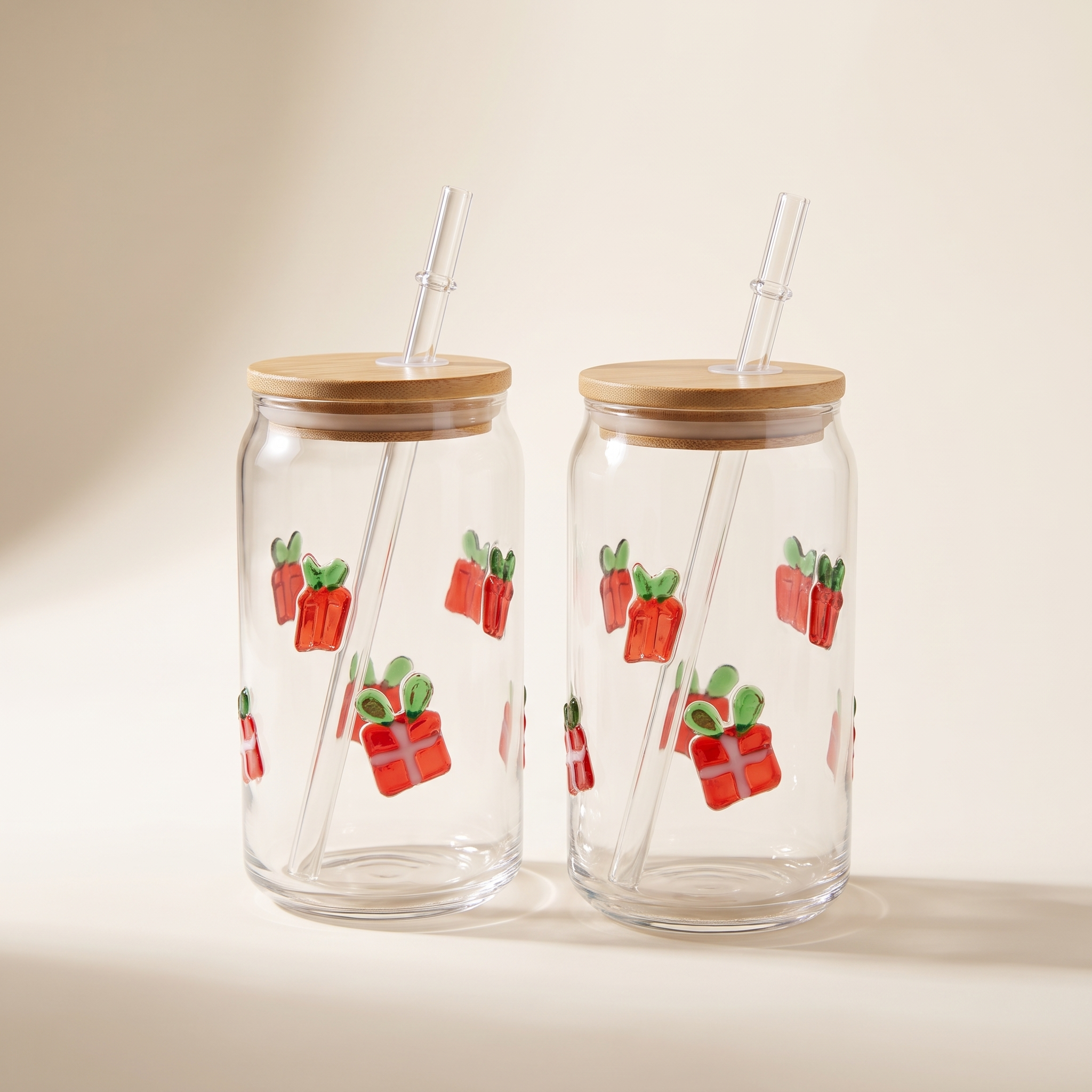 Icon 3D Glass Tumblers with Bamboo Lid & Glass Straw, Set of 2 (500ml, Christmas Gift)