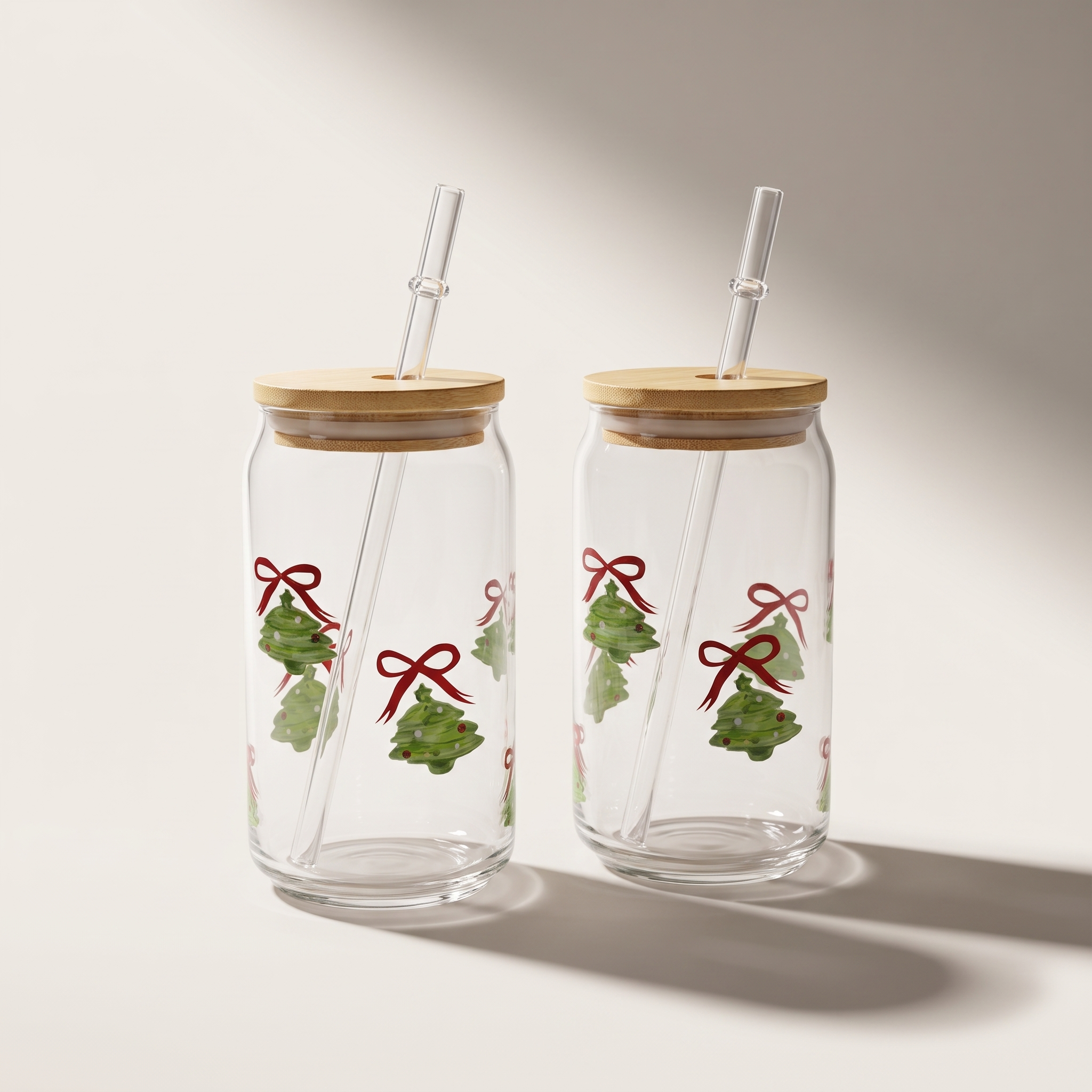 Icon 3D Glass Tumblers with Bamboo Lid & Glass Straw, Set of 2 (500ml, Christmas Tree)