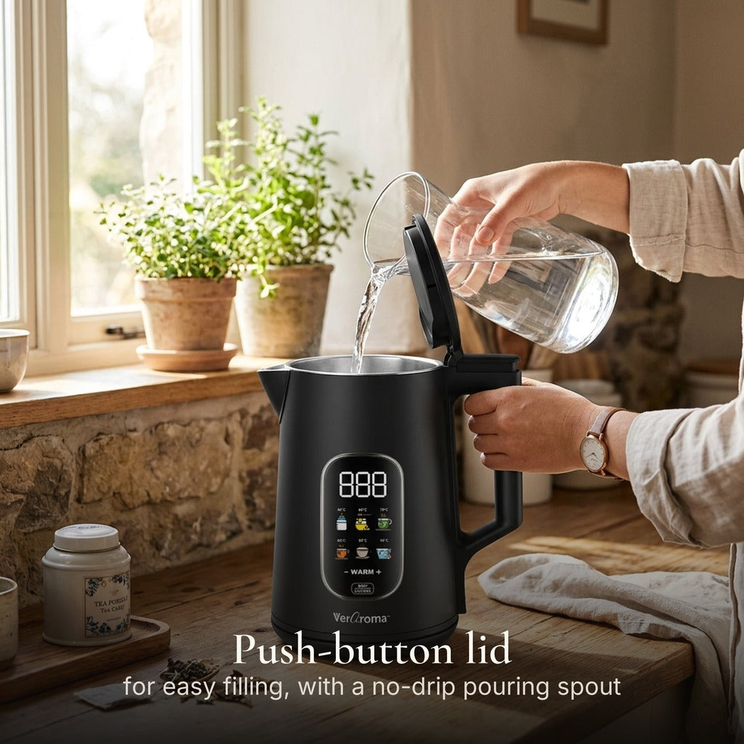 Push-button lid for easy filling, with a no-drip pouring spout — Smart Wi-Fi Double-Wall Electric Kettle with Color Digital Screen, 1.7L, Black