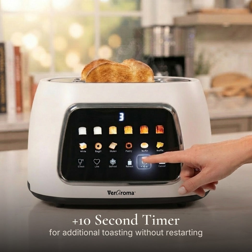 +10 Second Timer — Smart Motorized Wide-Slot Digital Color Touchscreen Toaster with Memory, 2-Slice, White