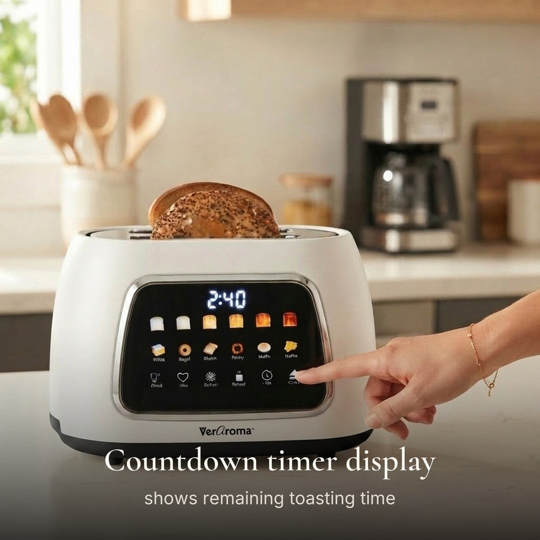 Countdown timer display — Smart Motorized Wide-Slot Digital Color Touchscreen Toaster with Memory, 2-Slice, White