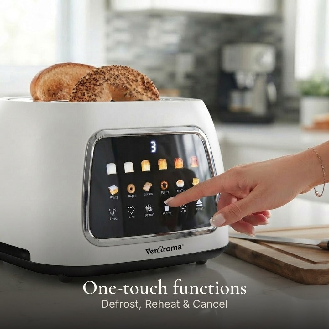 One-touch functions — Smart Motorized Wide-Slot Digital Color Touchscreen Toaster with Memory, 2-Slice, White