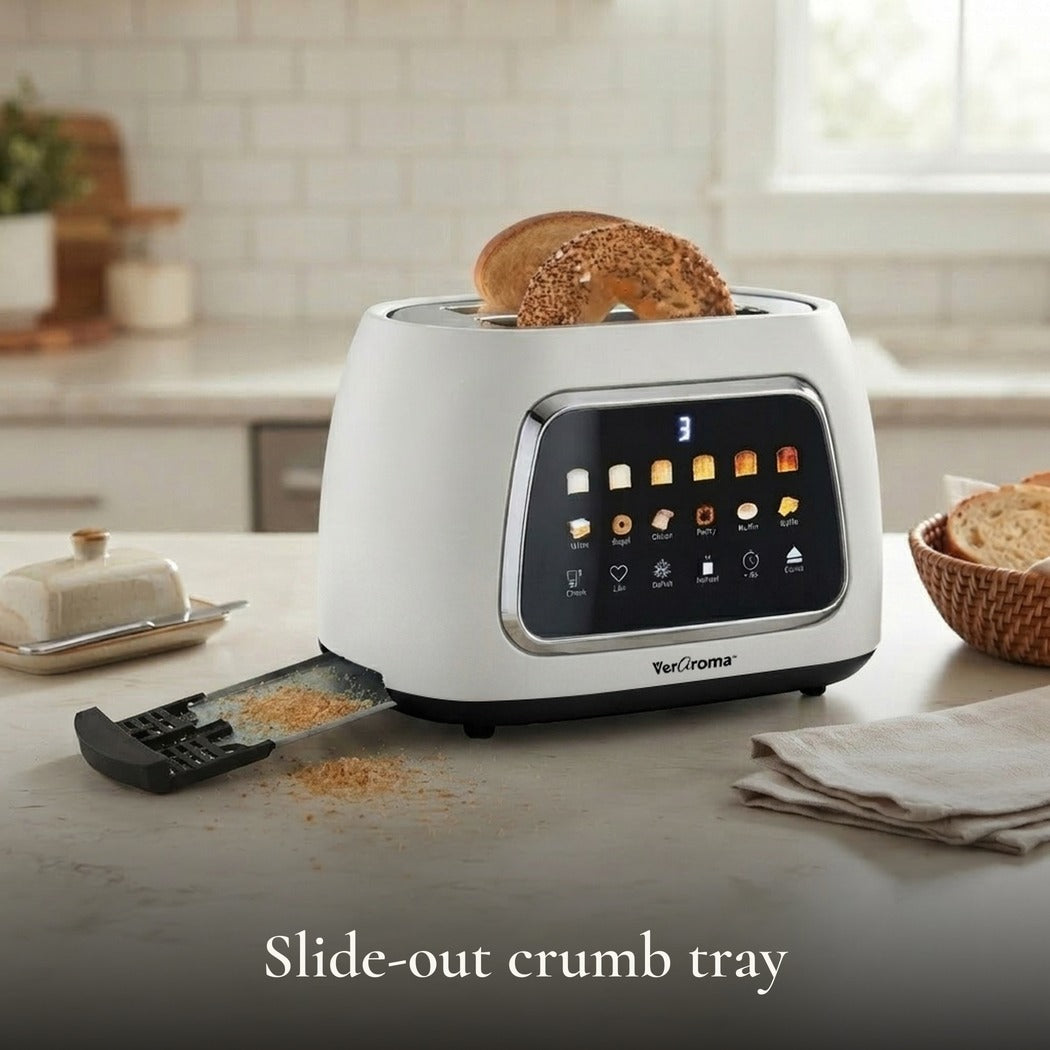 Slide-out crumb tray — Smart Motorized Wide-Slot Digital Color Touchscreen Toaster with Memory, 2-Slice, White