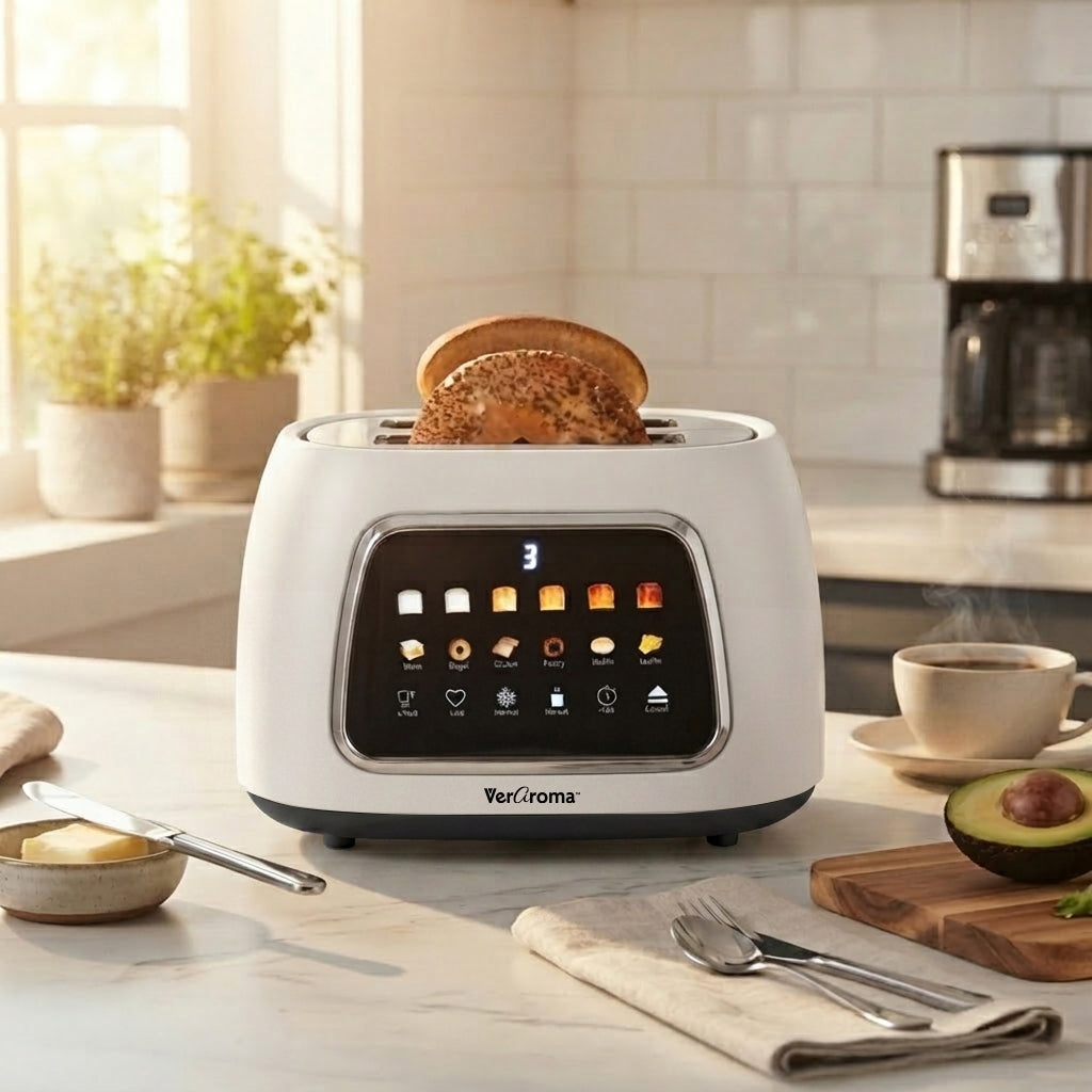Smart Motorized Wide-Slot Digital Color Touchscreen Toaster with Memory, 2-Slice, White