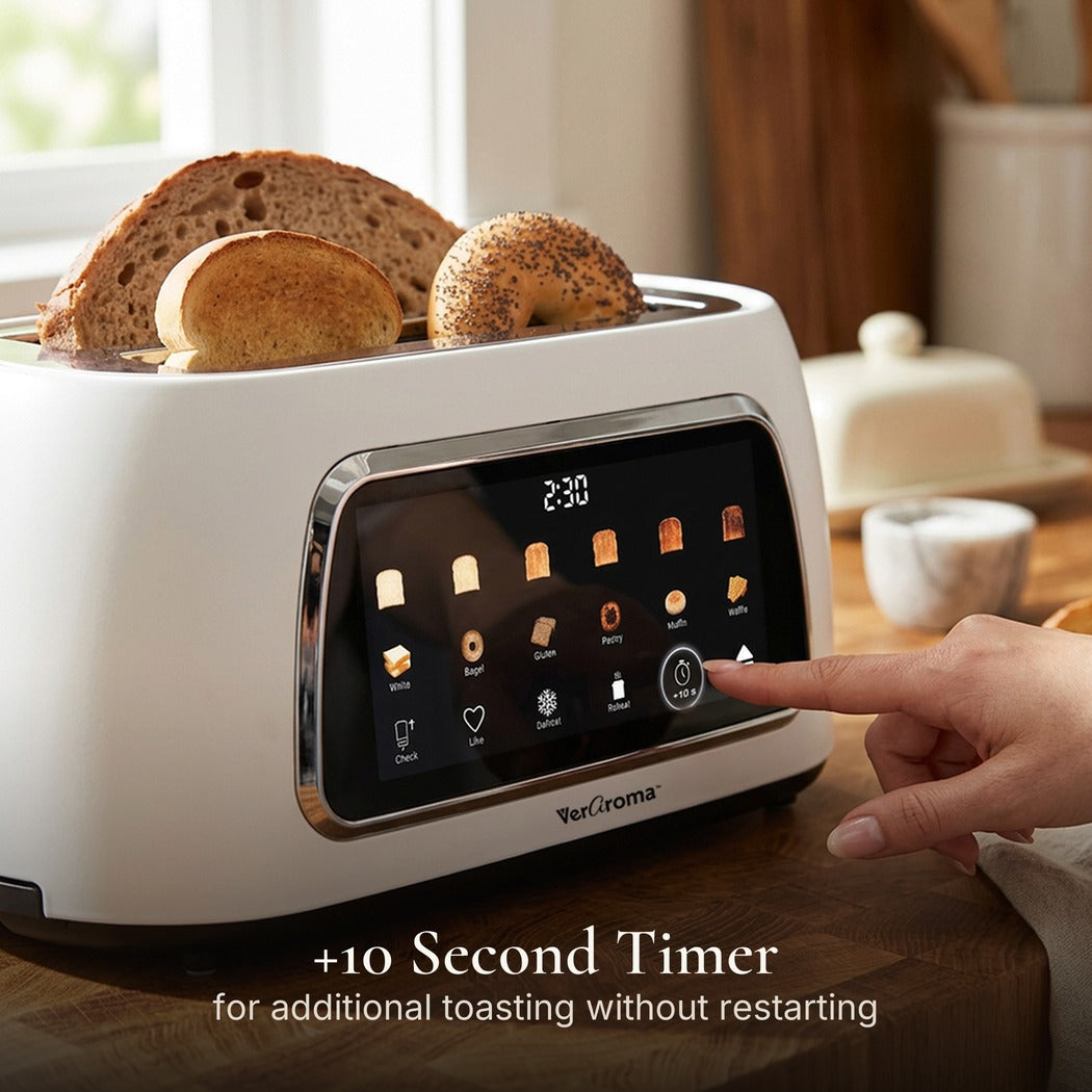 +10 Second Timer — Smart Motorized Long-Slot Digital Color Touchscreen Toaster with Memory, 4-Slice, White