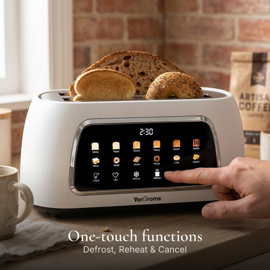 One-touch functions — Smart Motorized Long-Slot Digital Color Touchscreen Toaster with Memory, 4-Slice, White