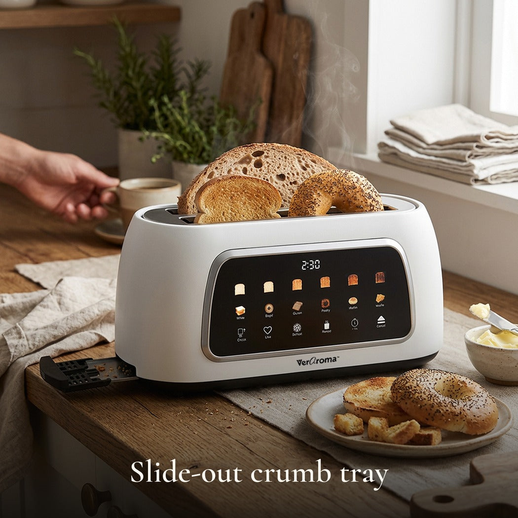 Slide-out crumb tray — Smart Motorized Long-Slot Digital Color Touchscreen Toaster with Memory, 4-Slice, White