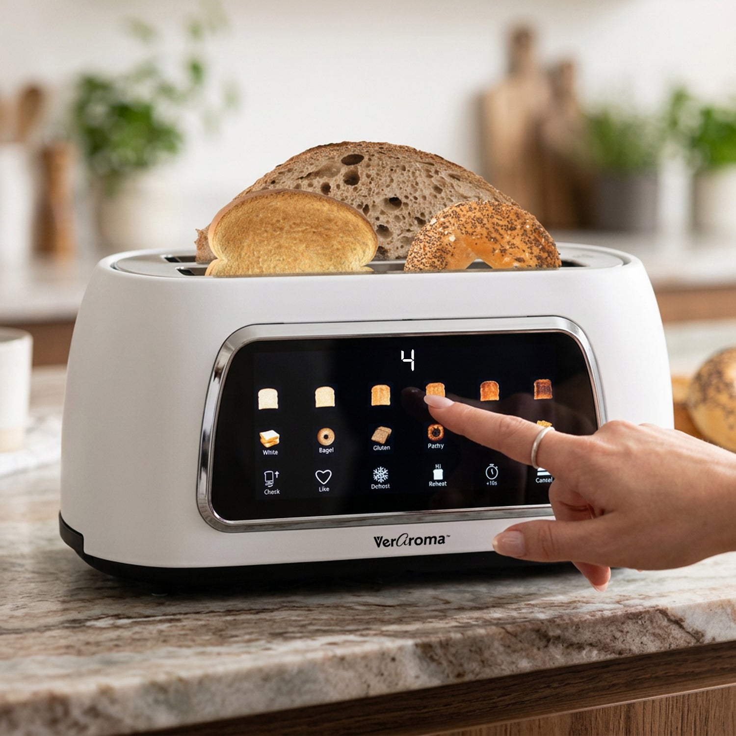 Smart Motorized Long-Slot Digital Color Touchscreen Toaster with Memory, 4-Slice, White